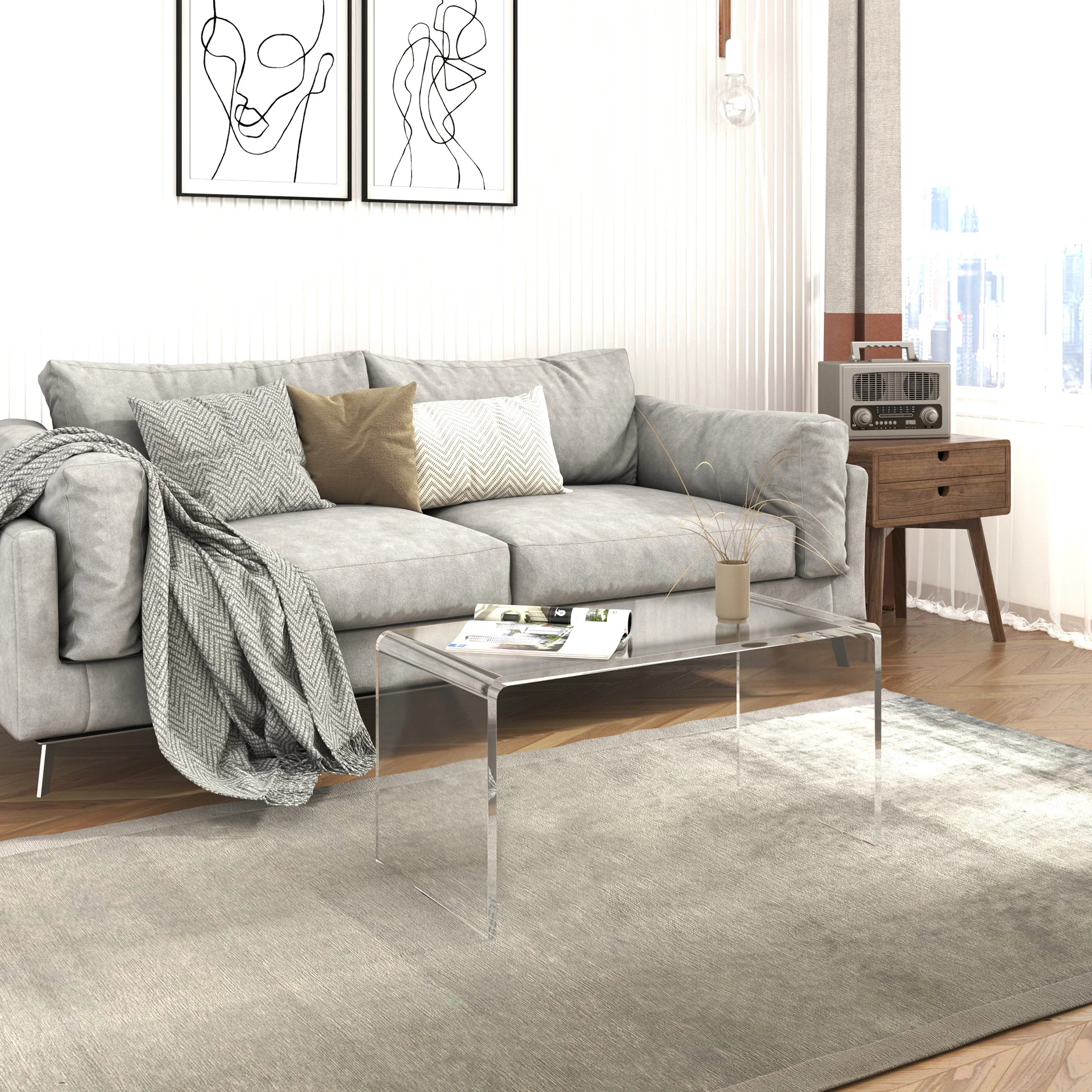 32" Long Rectangle All Acrylic 15mm Thick Waterfall Coffee Table, Clear - Image 3