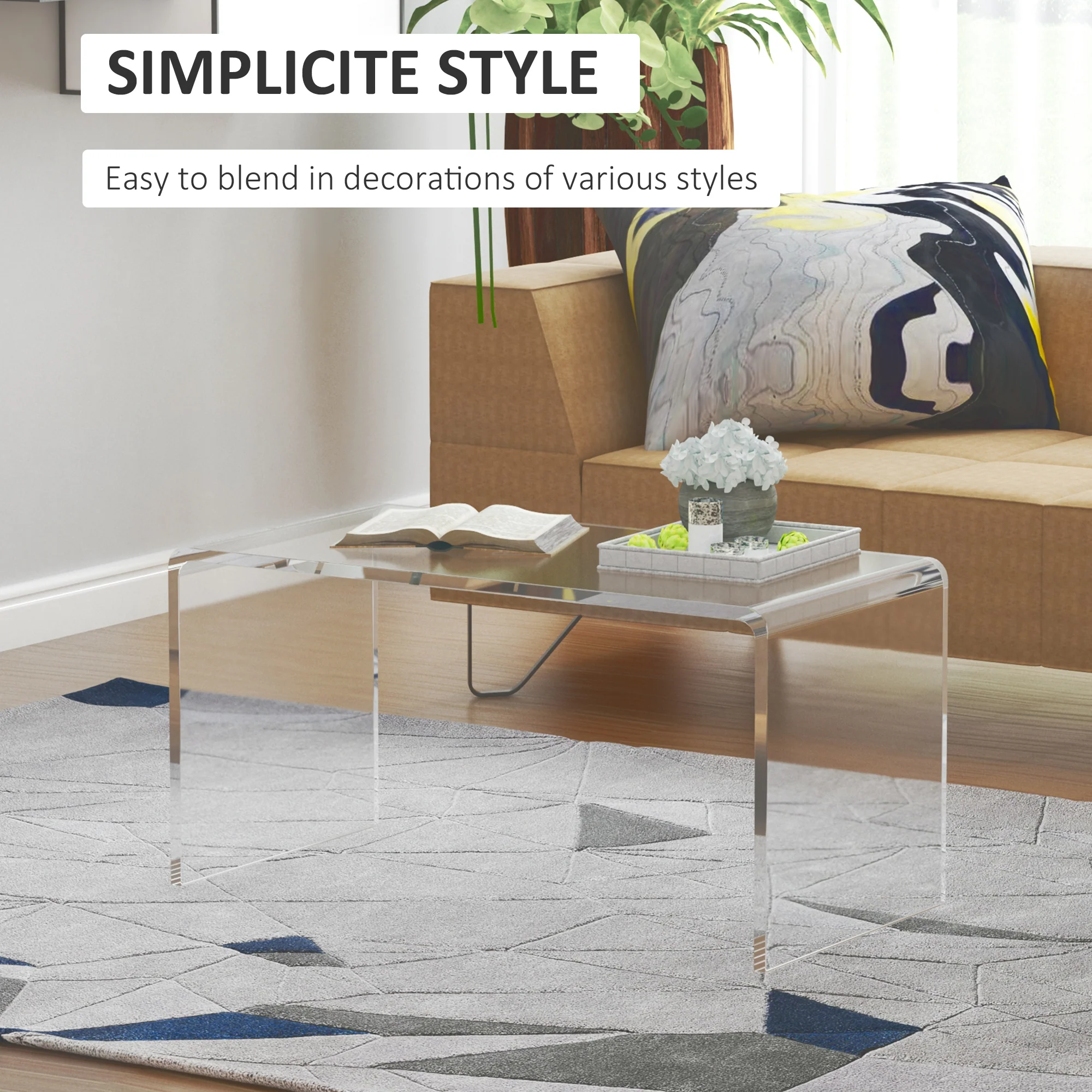 32" Long Rectangle All Acrylic 15mm Thick Waterfall Coffee Table, Clear - Image 7