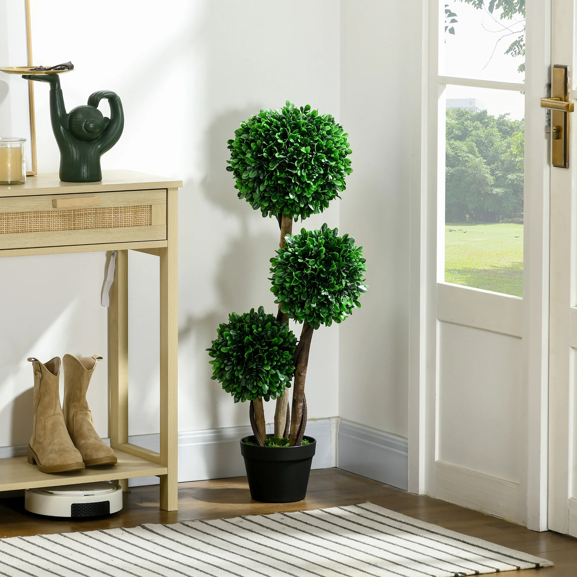 3ft Artificial Tree, Triple Ball Boxwood Topiary with Pot and Sandalwood Leaves - Image 3