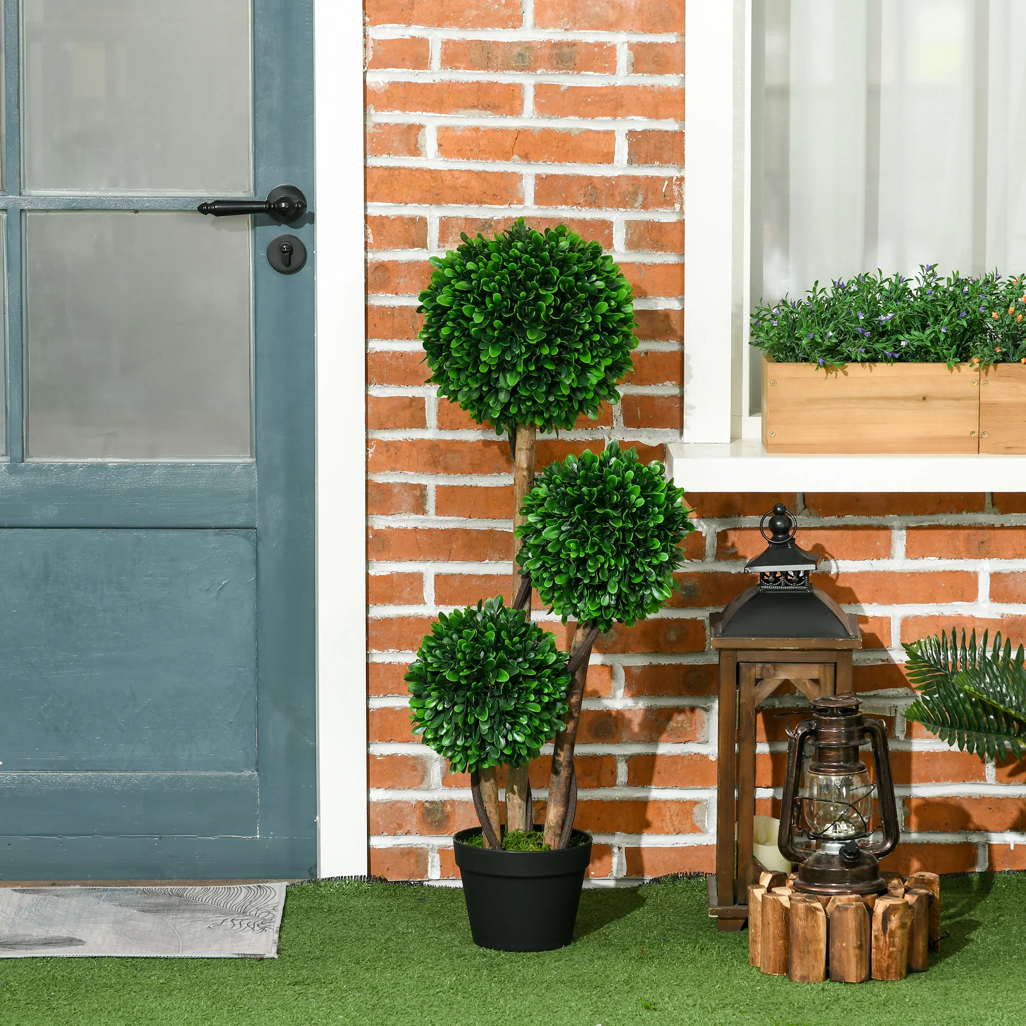 3ft Artificial Tree, Triple Ball Boxwood Topiary with Pot and Sandalwood Leaves - Image 4