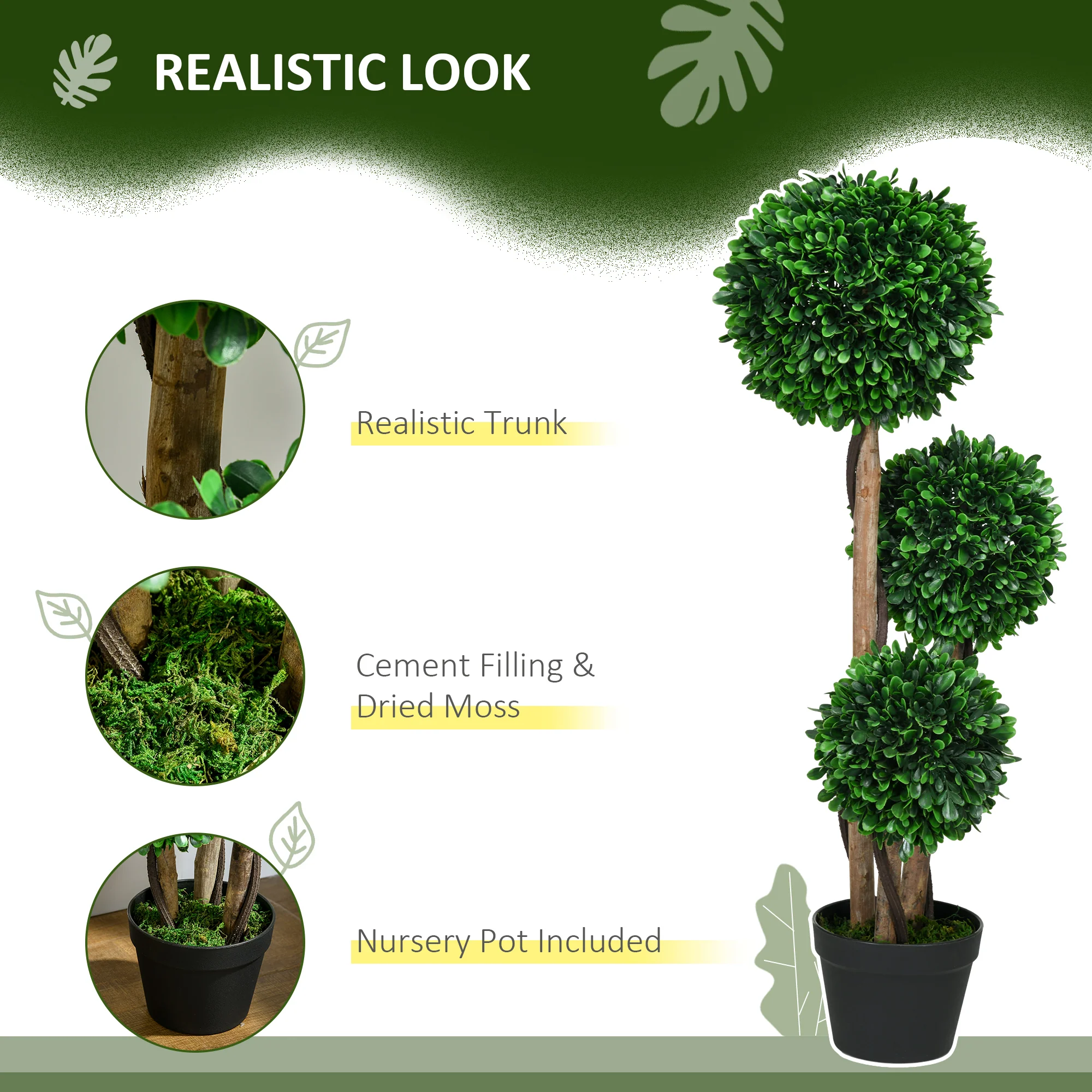3ft Artificial Tree, Triple Ball Boxwood Topiary with Pot and Sandalwood Leaves - Image 6