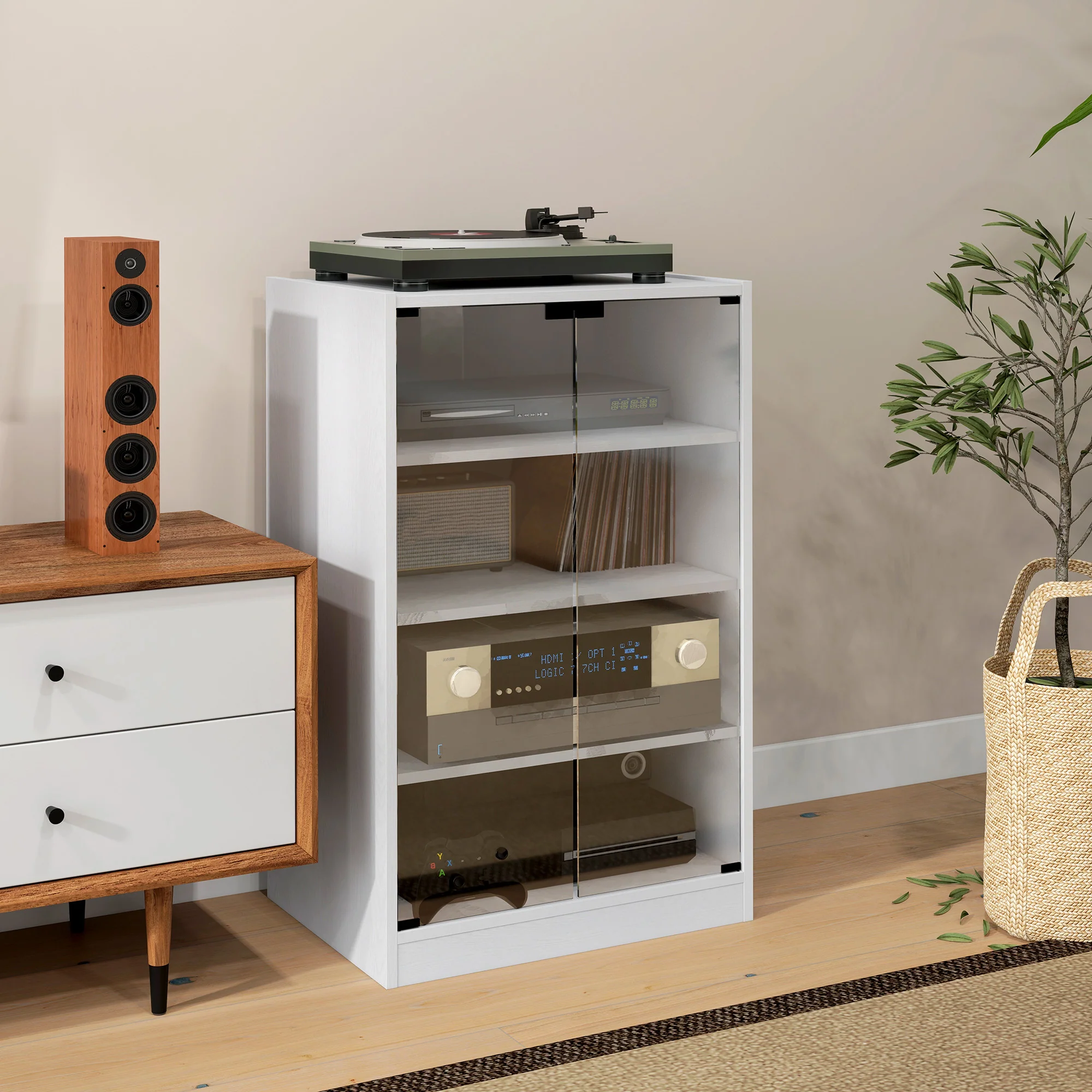 4-Tier Media Cabinet Stand w/ Adjustable Shelves & Cable Management, Distressed White - Image 10