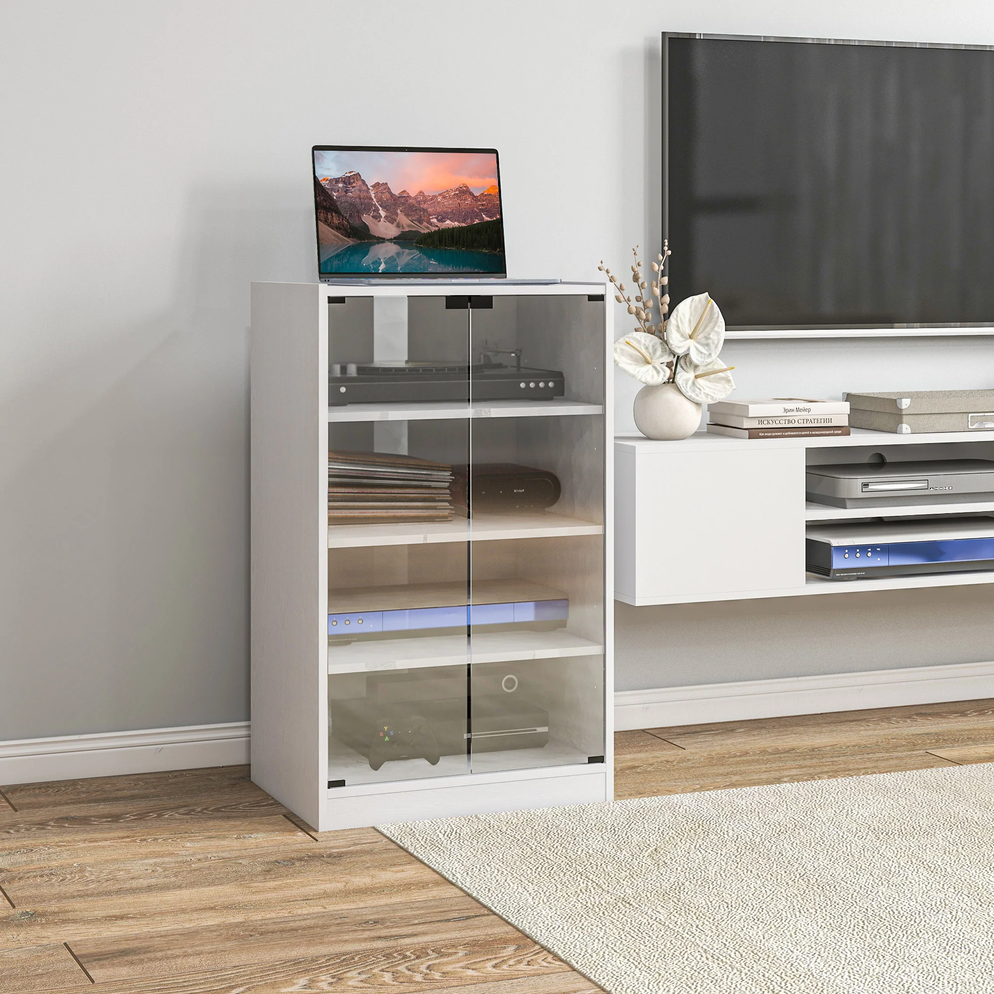 4-Tier Media Cabinet Stand w/ Adjustable Shelves & Cable Management, Distressed White - Image 3