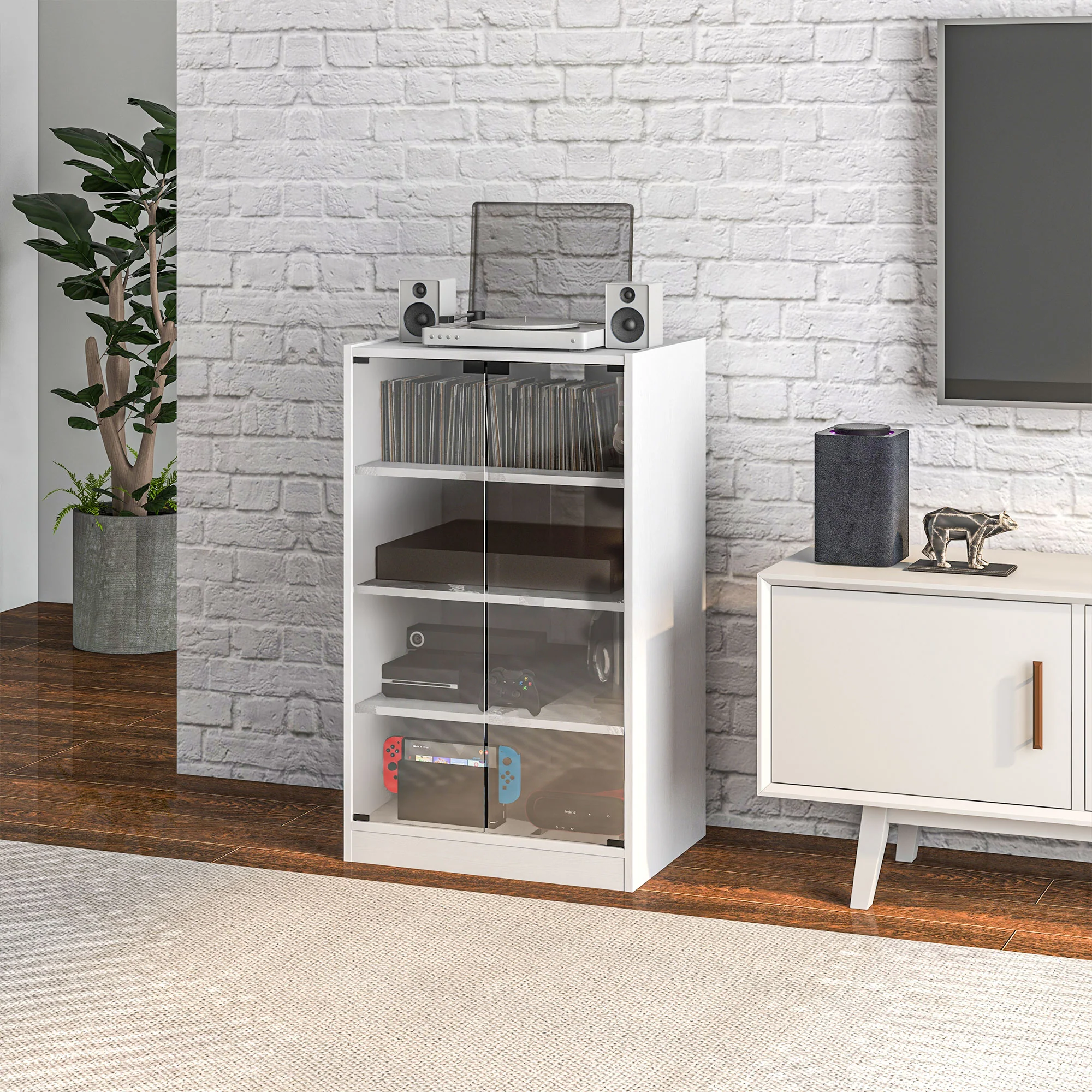 4-Tier Media Cabinet Stand w/ Adjustable Shelves & Cable Management, Distressed White - Image 4