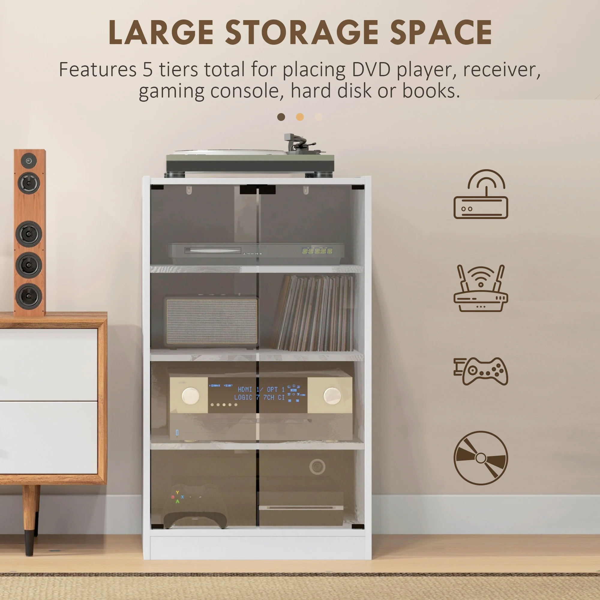 4-Tier Media Cabinet Stand w/ Adjustable Shelves & Cable Management, Distressed White - Image 7