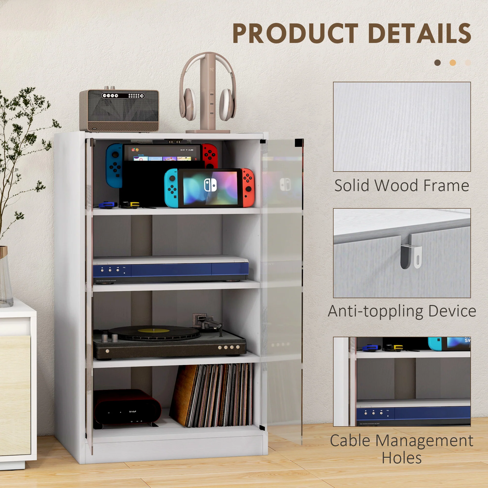 4-Tier Media Cabinet Stand w/ Adjustable Shelves & Cable Management, Distressed White - Image 8