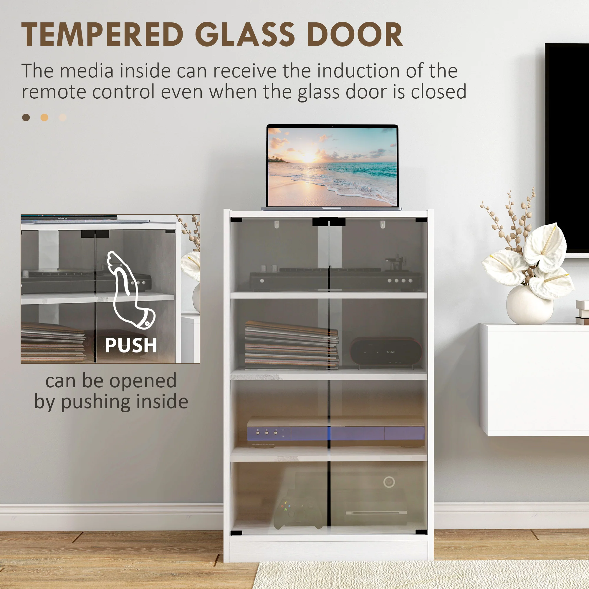 4-Tier Media Cabinet Stand w/ Adjustable Shelves & Cable Management, Distressed White - Image 9