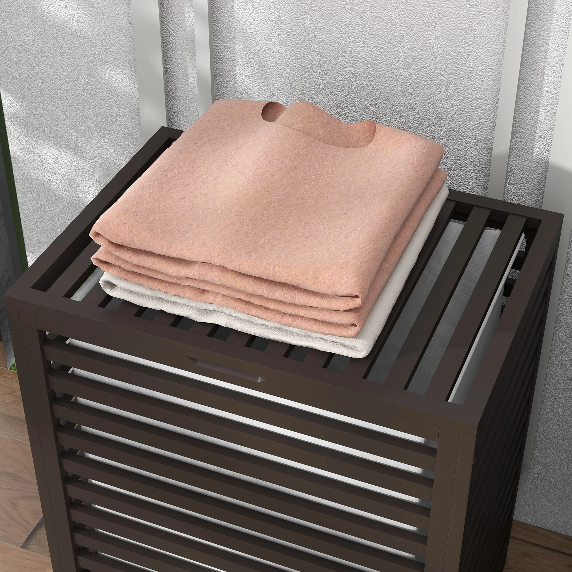 55 L Bamboo Laundry Basket w/ Lid & Removable Liner Bag, 19.75" x 14.25" x 23.5", Coffee - Image 10