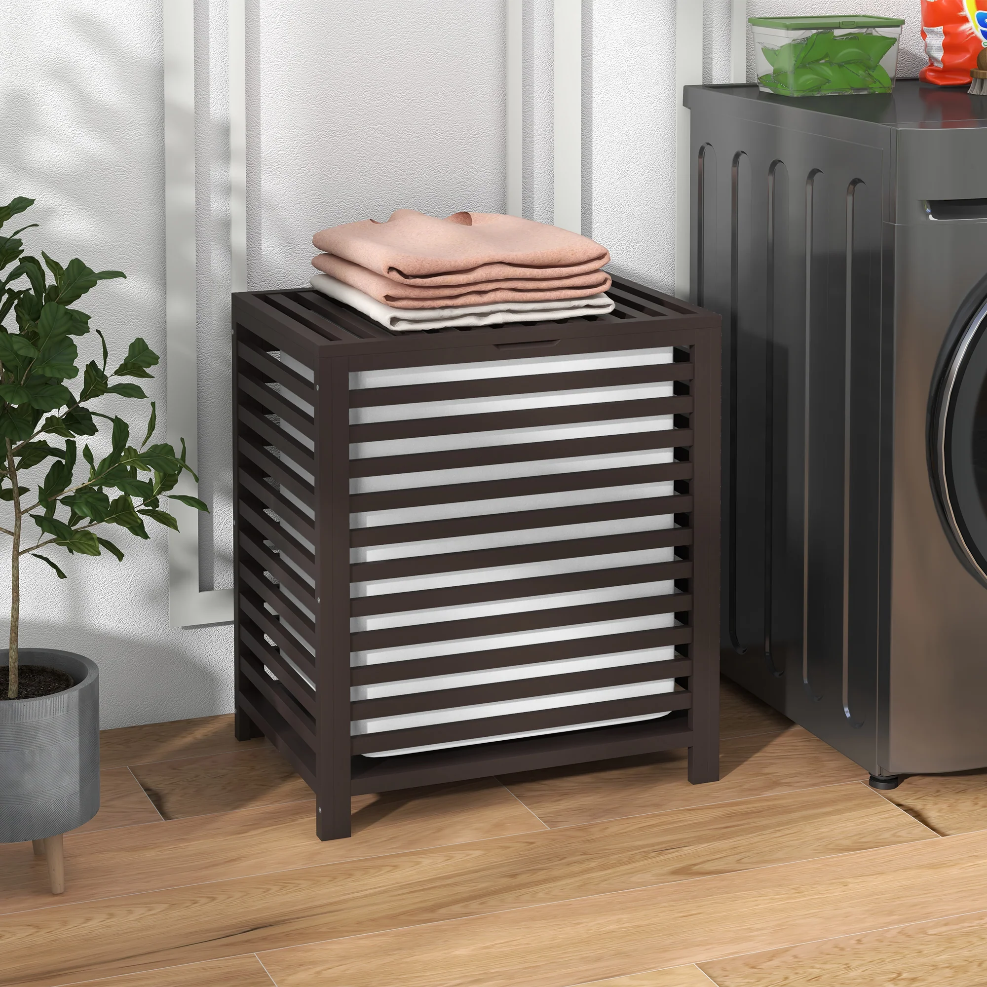 55 L Bamboo Laundry Basket w/ Lid & Removable Liner Bag, 19.75" x 14.25" x 23.5", Coffee - Image 3