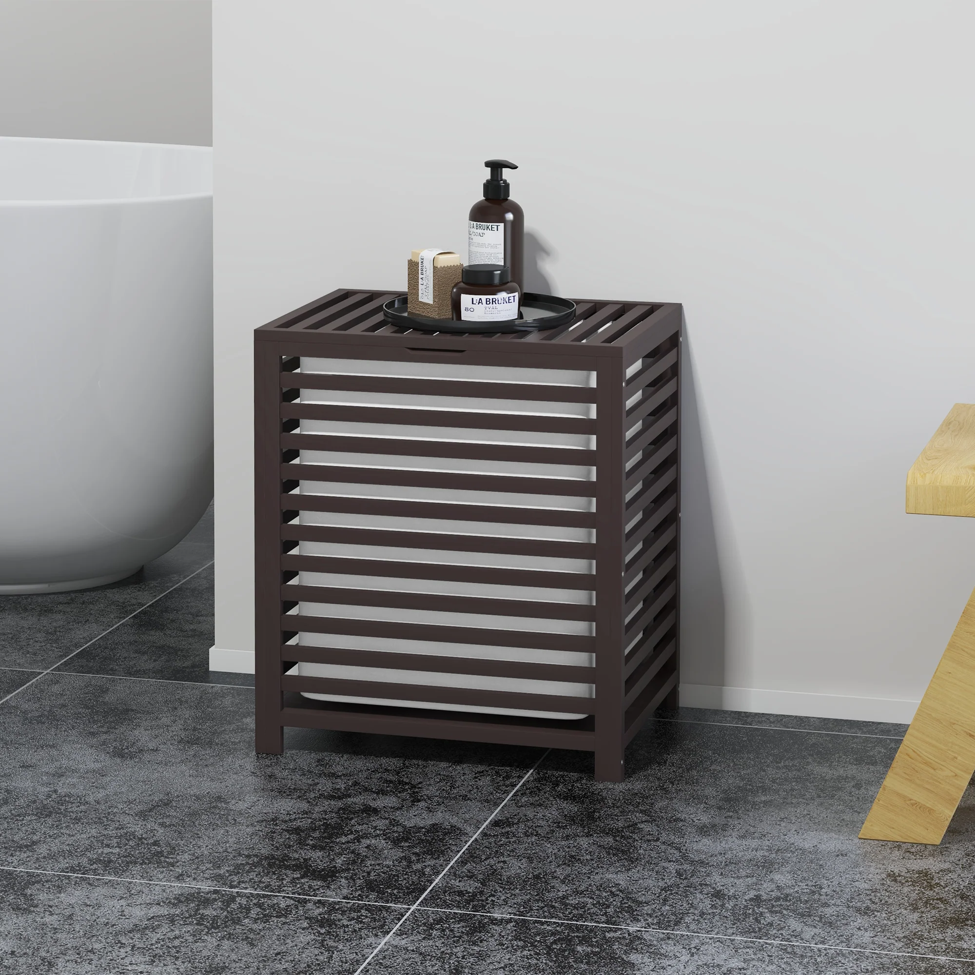 55 L Bamboo Laundry Basket w/ Lid & Removable Liner Bag, 19.75" x 14.25" x 23.5", Coffee - Image 4