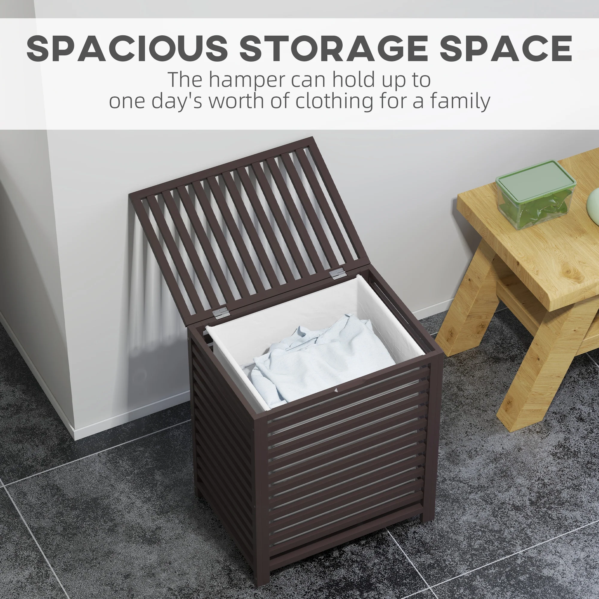 55 L Bamboo Laundry Basket w/ Lid & Removable Liner Bag, 19.75" x 14.25" x 23.5", Coffee - Image 6