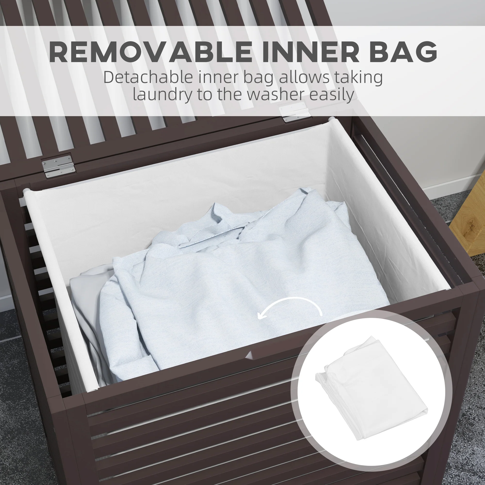 55 L Bamboo Laundry Basket w/ Lid & Removable Liner Bag, 19.75" x 14.25" x 23.5", Coffee - Image 7