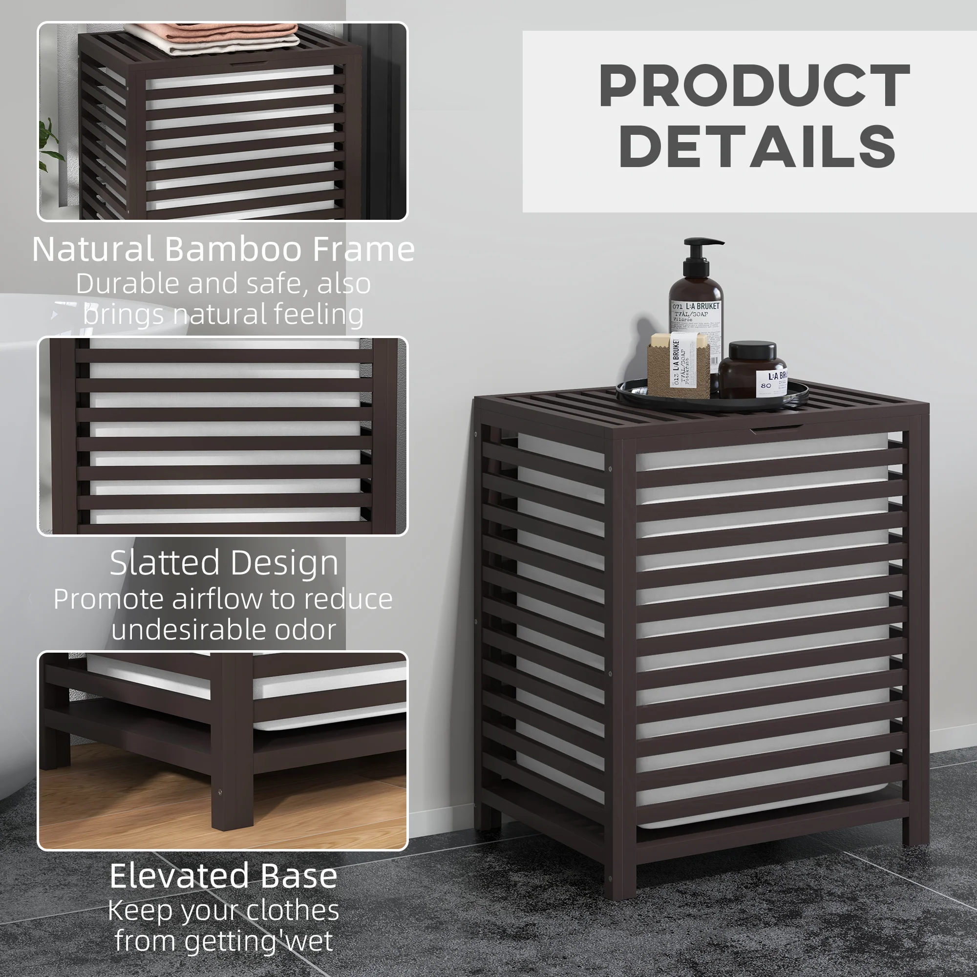 55 L Bamboo Laundry Basket w/ Lid & Removable Liner Bag, 19.75" x 14.25" x 23.5", Coffee - Image 8