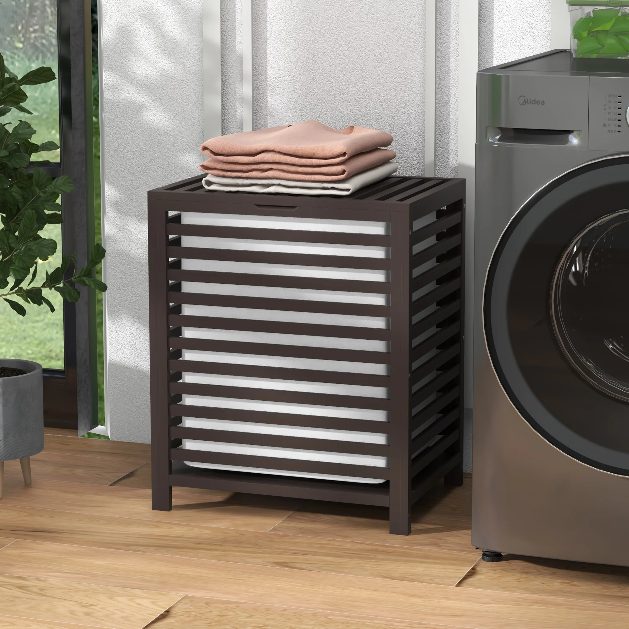 55 L Bamboo Laundry Basket w/ Lid & Removable Liner Bag, 19.75" x 14.25" x 23.5", Coffee - Image 9