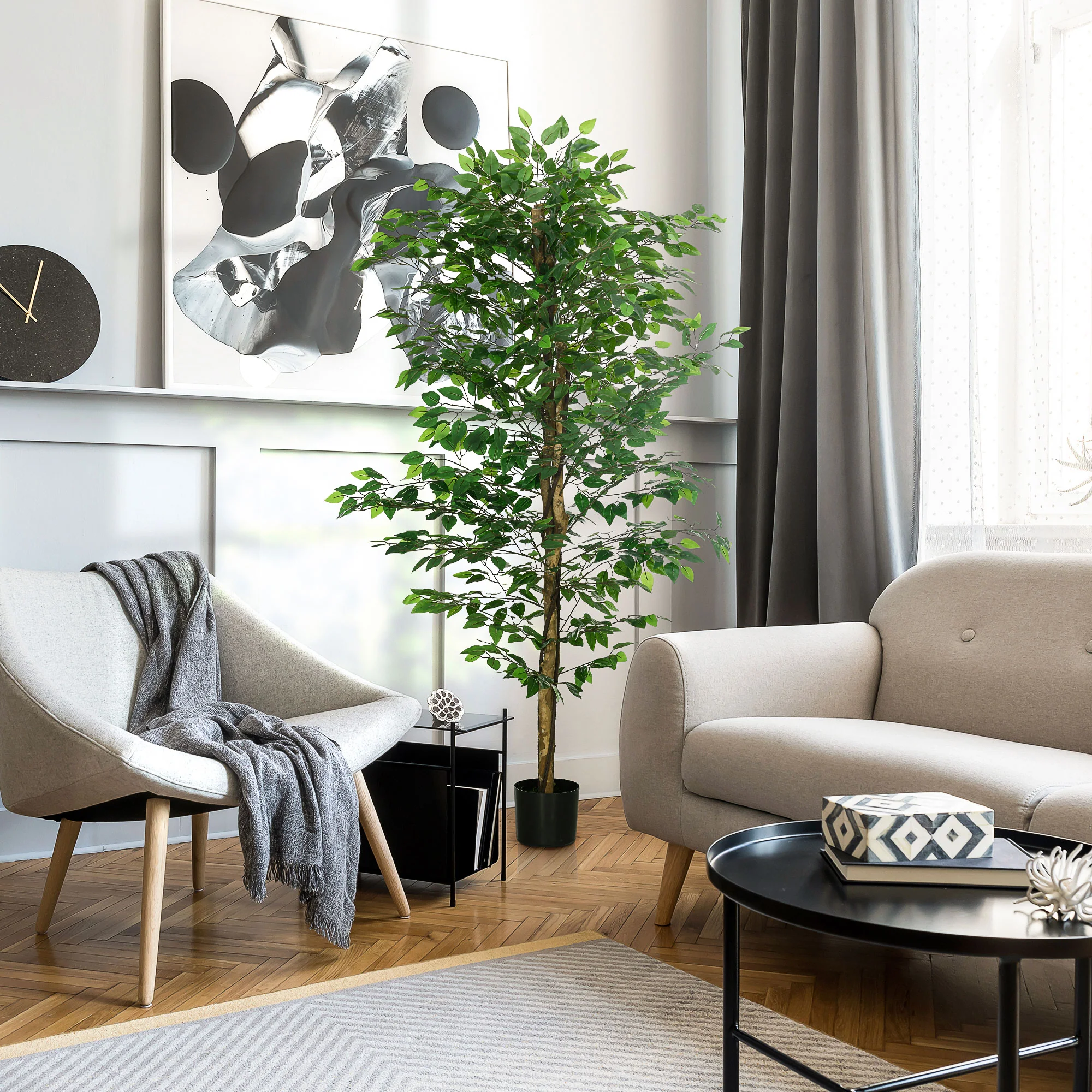 6ft Artificial Tree, Indoor Outdoor Fake Ficus with Pot, for Home Office Living Room Decor - Image 4