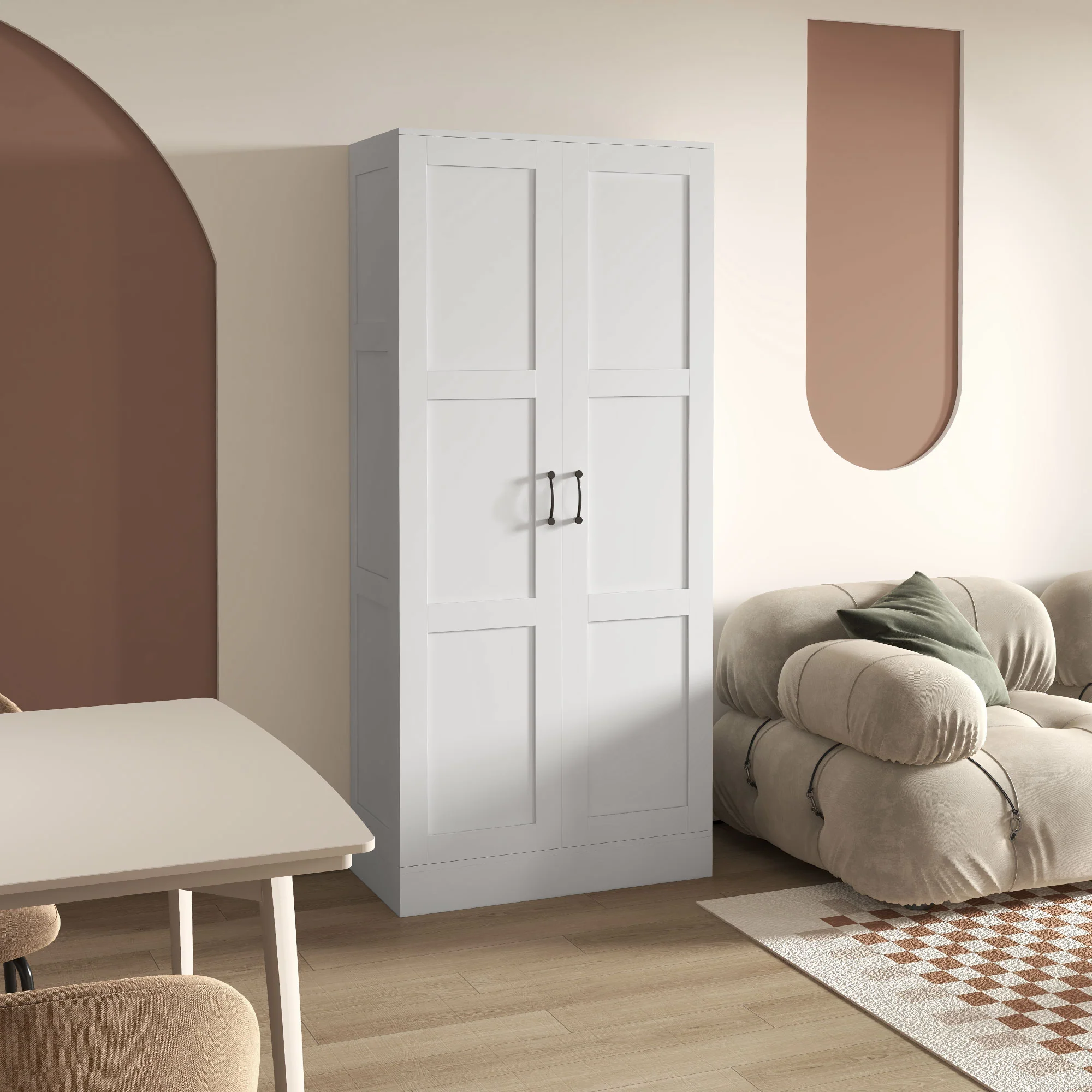 71" Tall Storage Cabinet with Movable Shelves, Modern Pantry Cupboard, White - Image 3