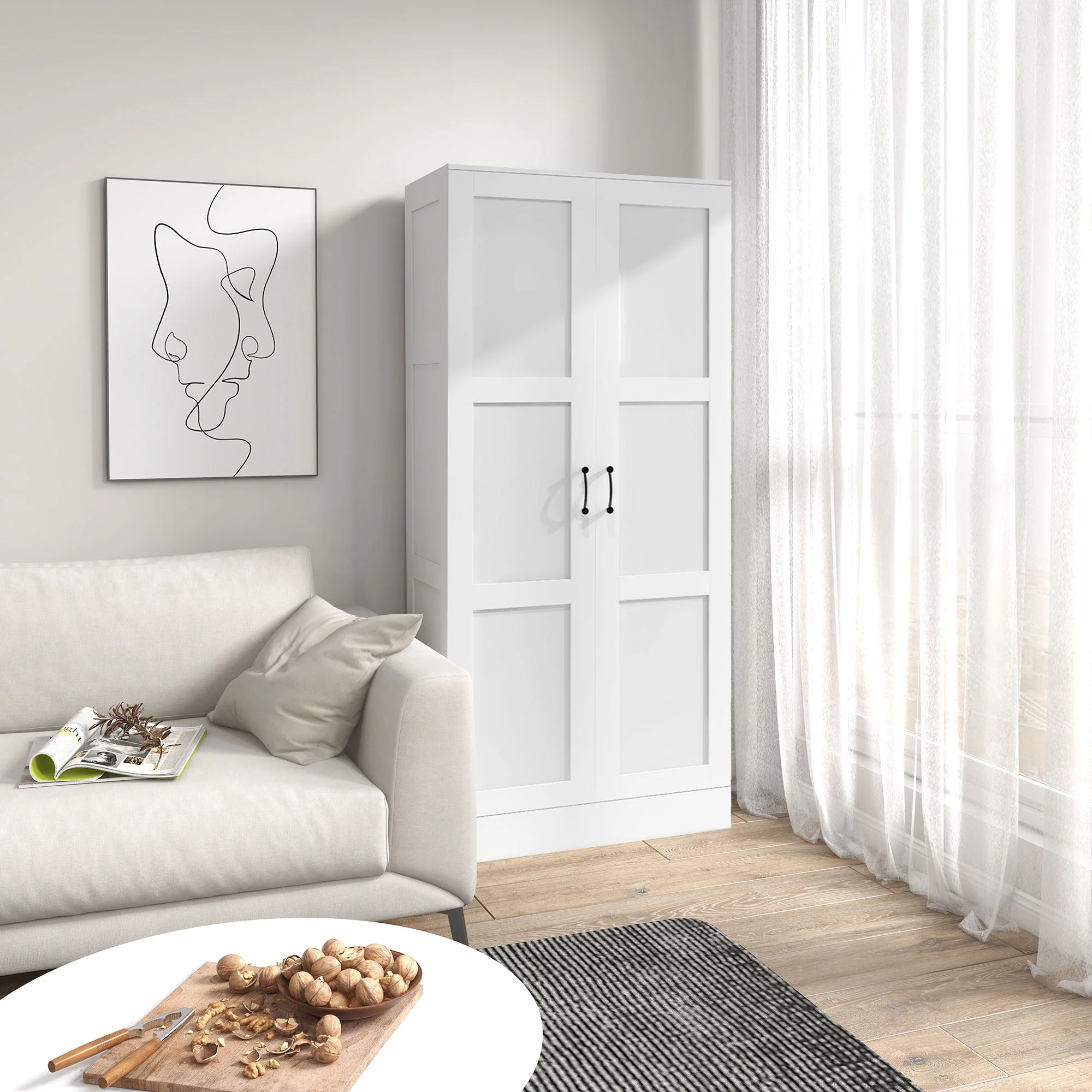 71" Tall Storage Cabinet with Movable Shelves, Modern Pantry Cupboard, White - Image 4