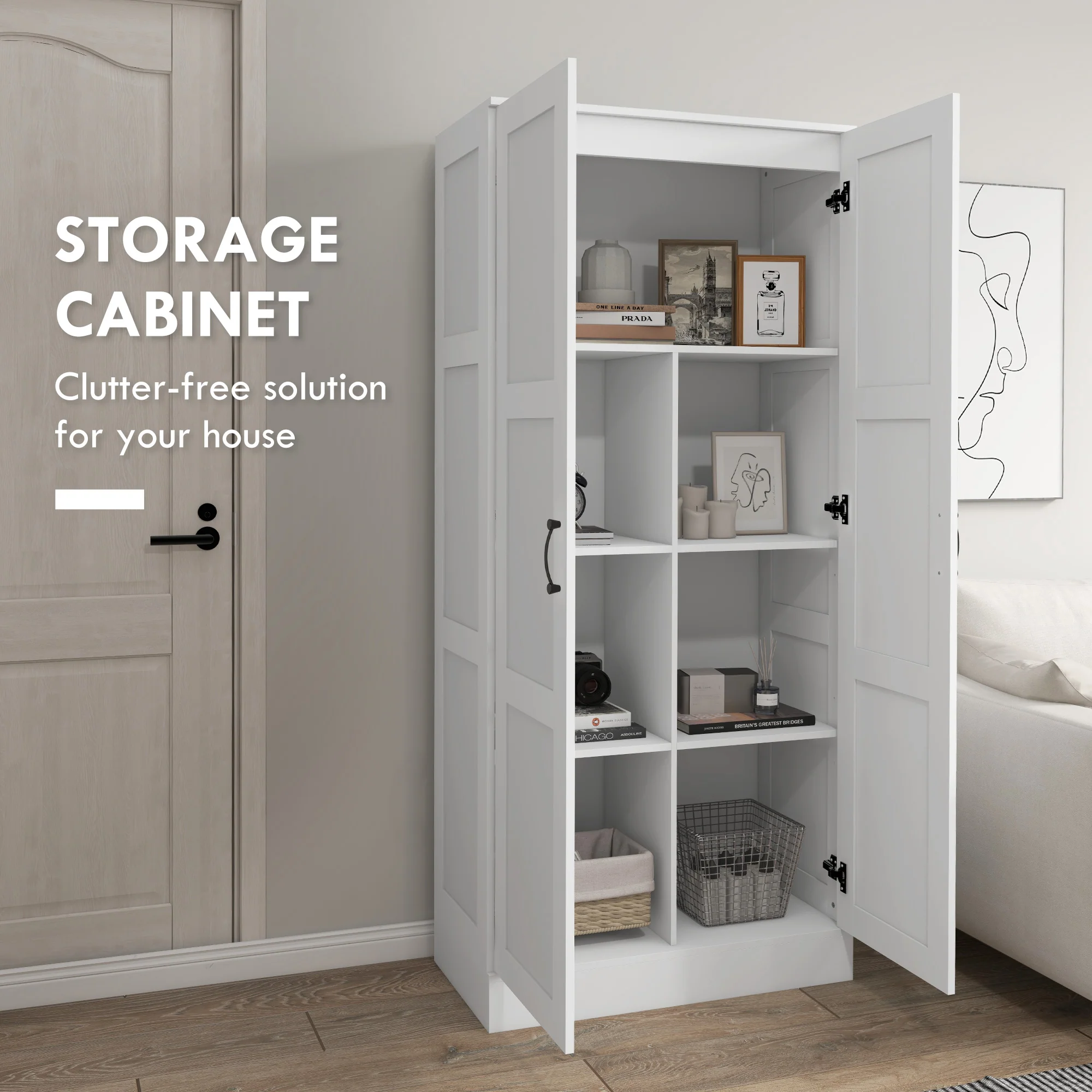 71" Tall Storage Cabinet with Movable Shelves, Modern Pantry Cupboard, White - Image 6