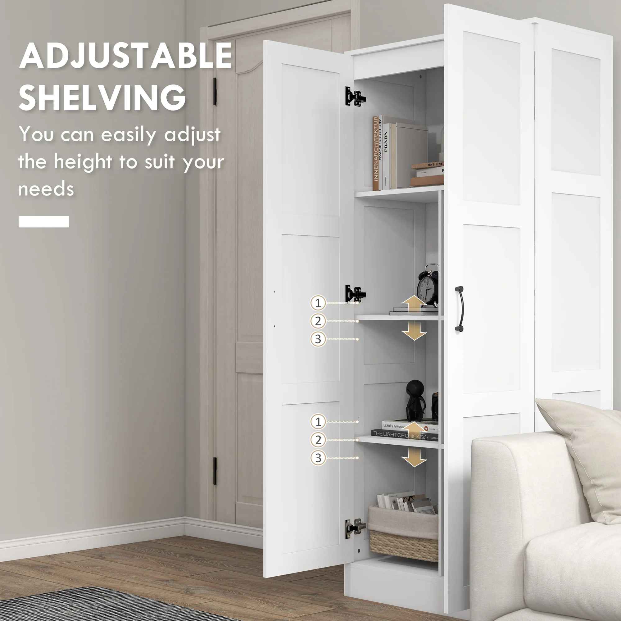 71" Tall Storage Cabinet with Movable Shelves, Modern Pantry Cupboard, White - Image 9