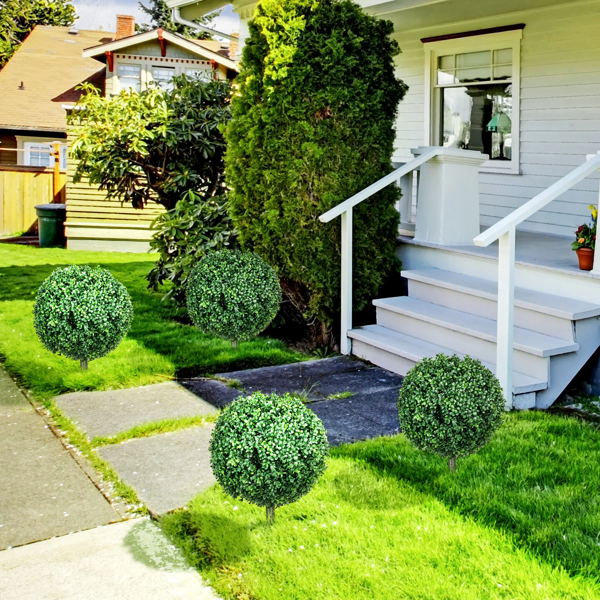 Set of 2 Artificial Boxwood Trees w/ Ground Stake, Ball Shaped Trees, UV Resistant, Green - Image 3