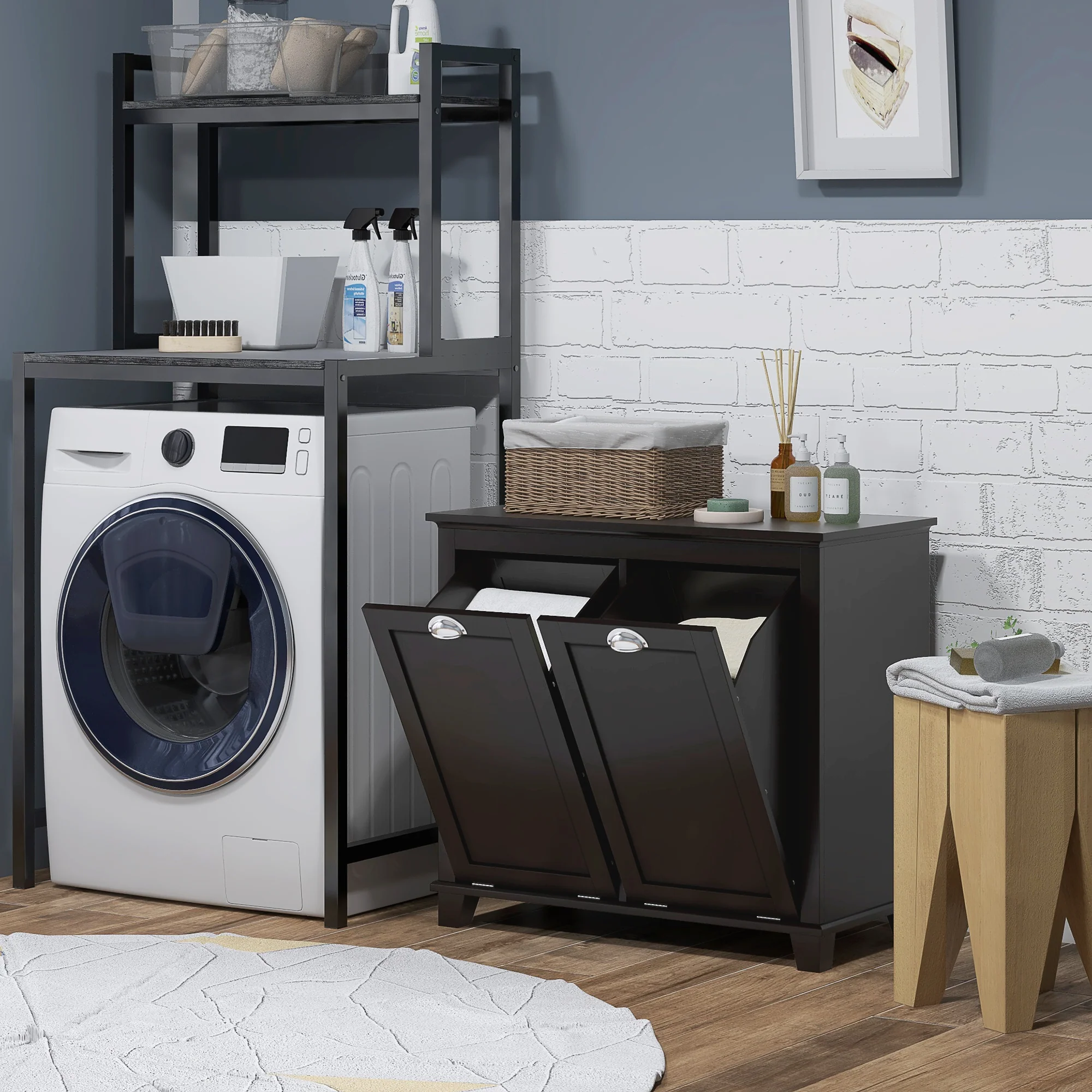 Bathroom Storage Cabinet, Tilt-Out Laundry Hamper with 2 Compartments, Black - Image 3