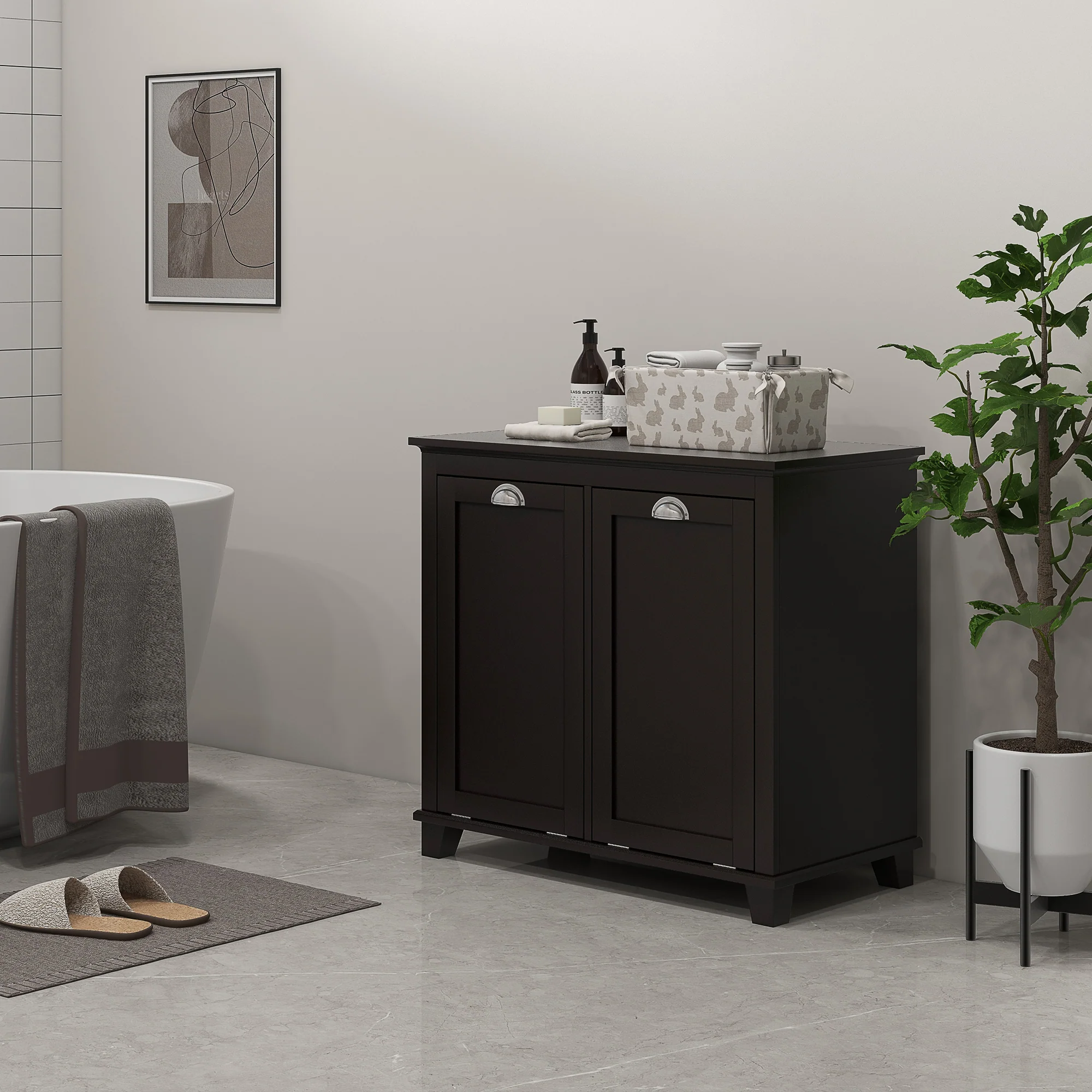 Bathroom Storage Cabinet, Tilt-Out Laundry Hamper with 2 Compartments, Black - Image 4