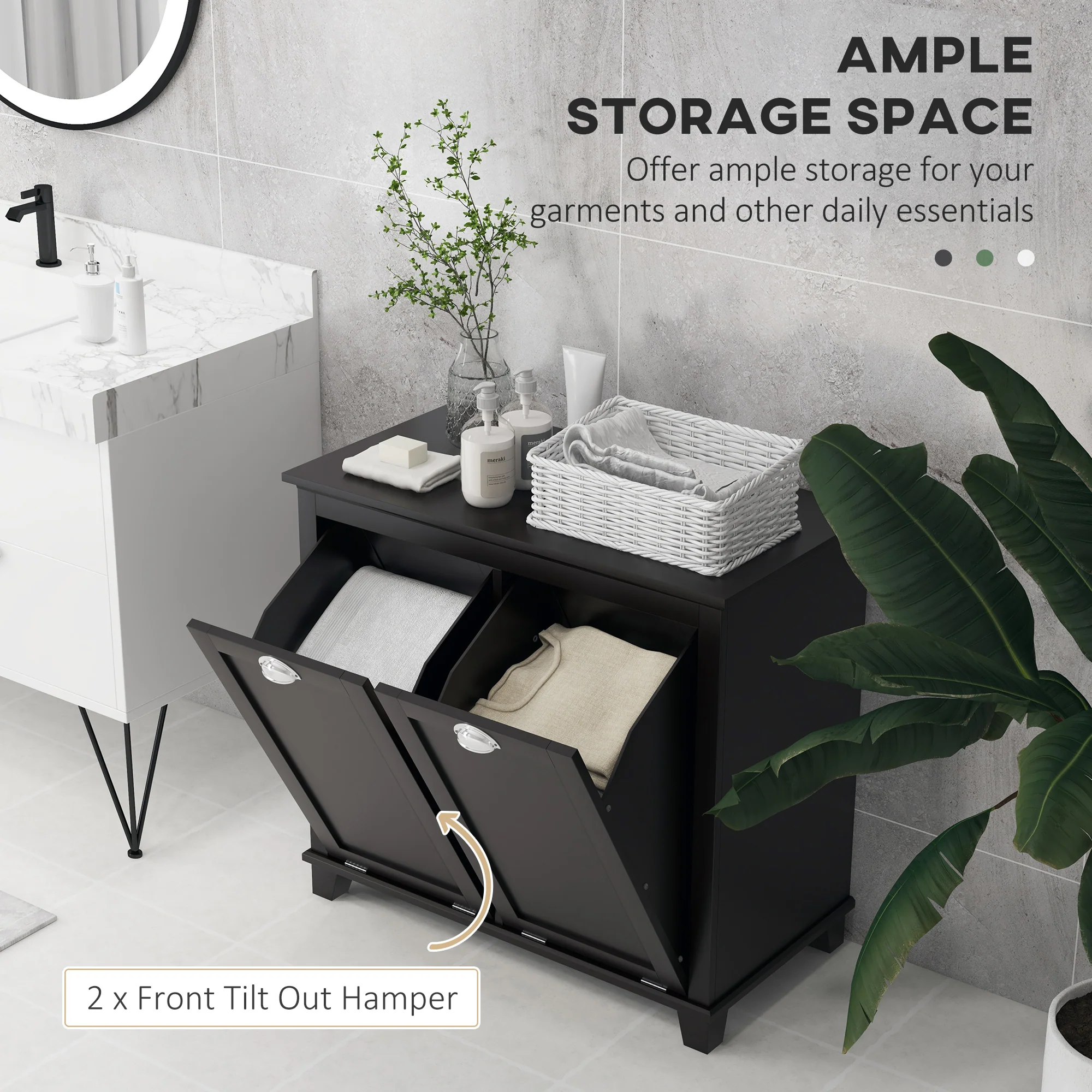 Bathroom Storage Cabinet, Tilt-Out Laundry Hamper with 2 Compartments, Black - Image 6