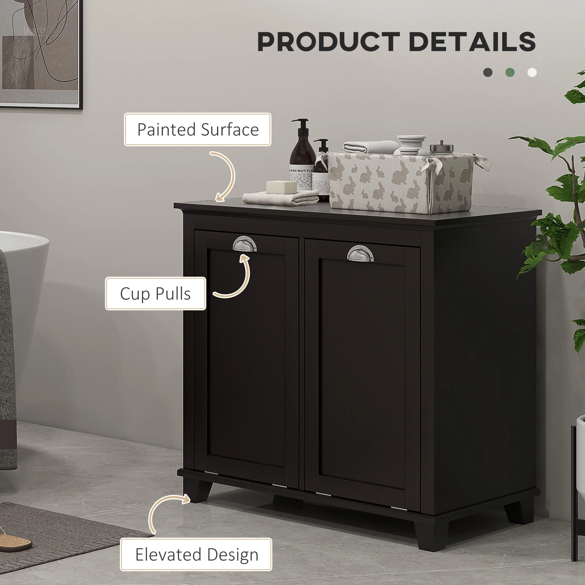 Bathroom Storage Cabinet, Tilt-Out Laundry Hamper with 2 Compartments, Black - Image 7