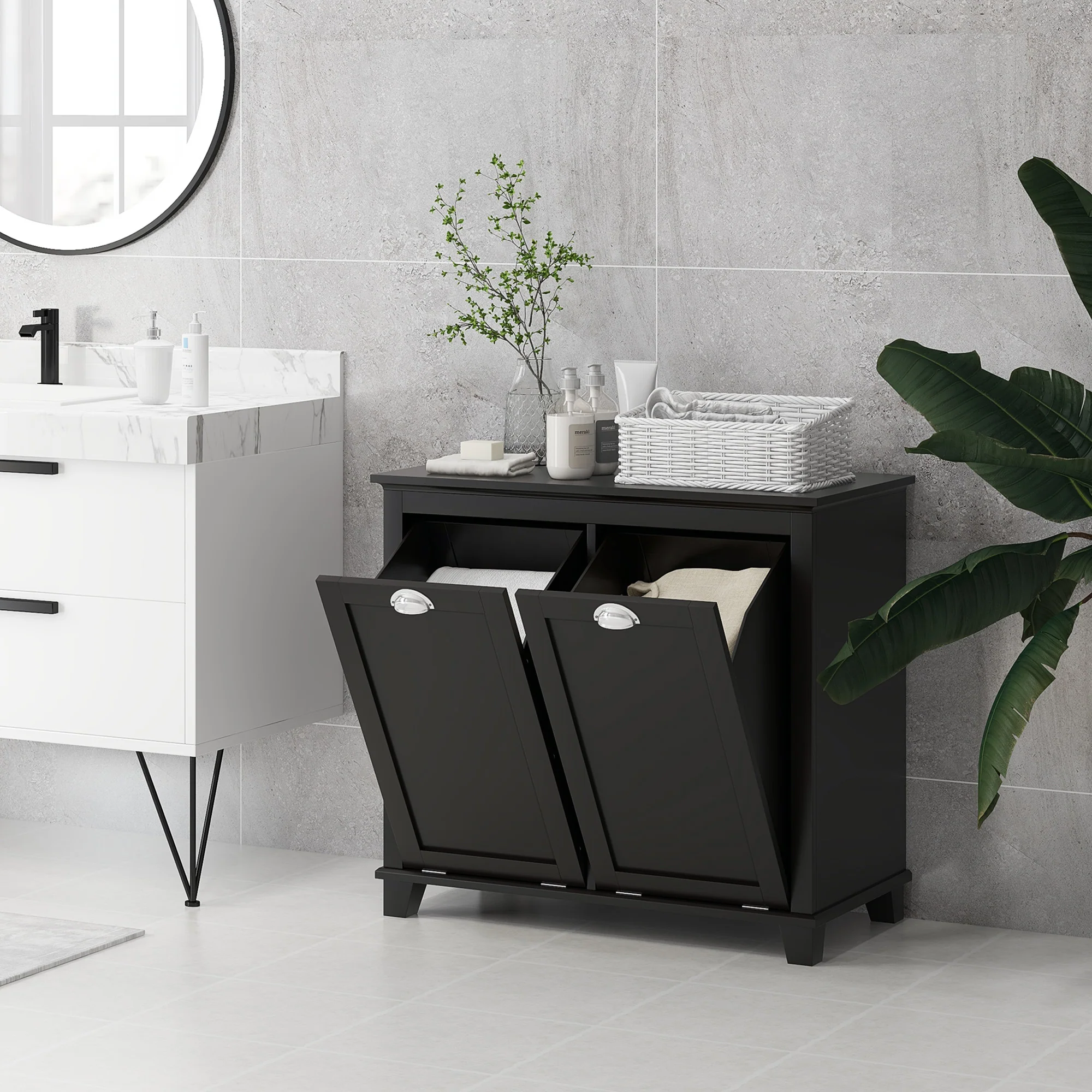 Bathroom Storage Cabinet, Tilt-Out Laundry Hamper with 2 Compartments, Black - Image 9