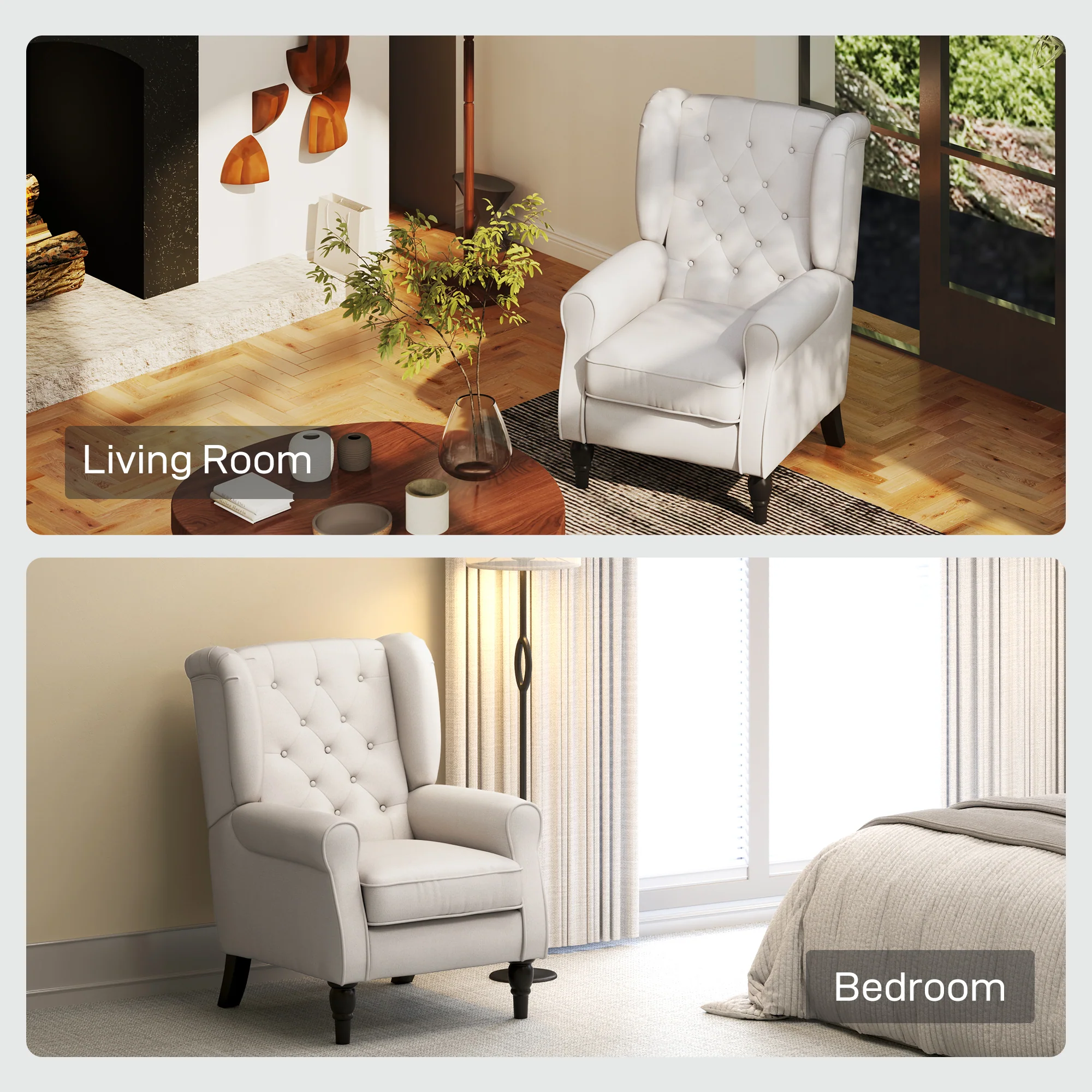 Mid-Century Accent Chair w/ High Wingback, Button-Tufted Fabric & Retro Wood Legs, Cream White - Image 10