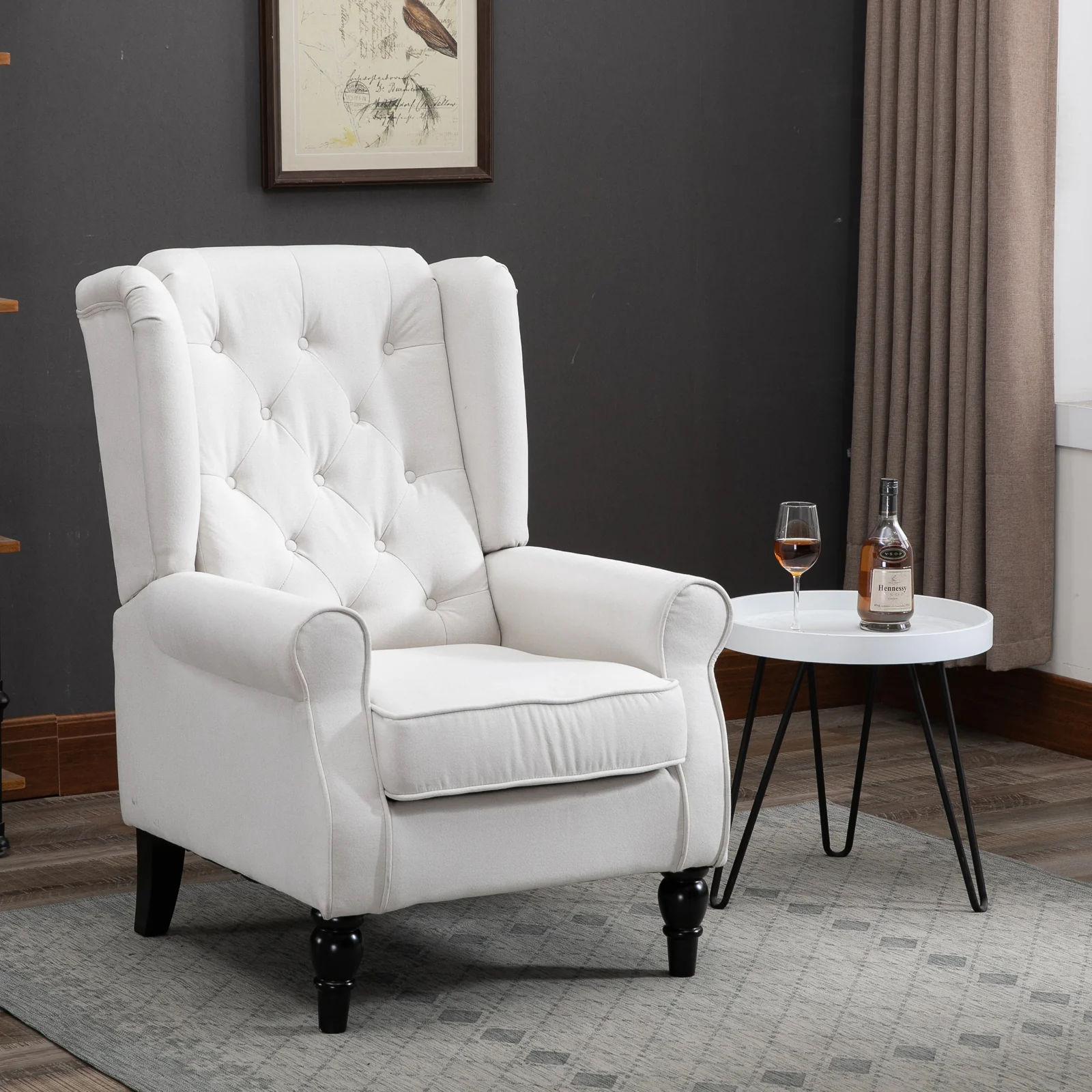 Mid-Century Accent Chair w/ High Wingback, Button-Tufted Fabric & Retro Wood Legs, Cream White - Image 12