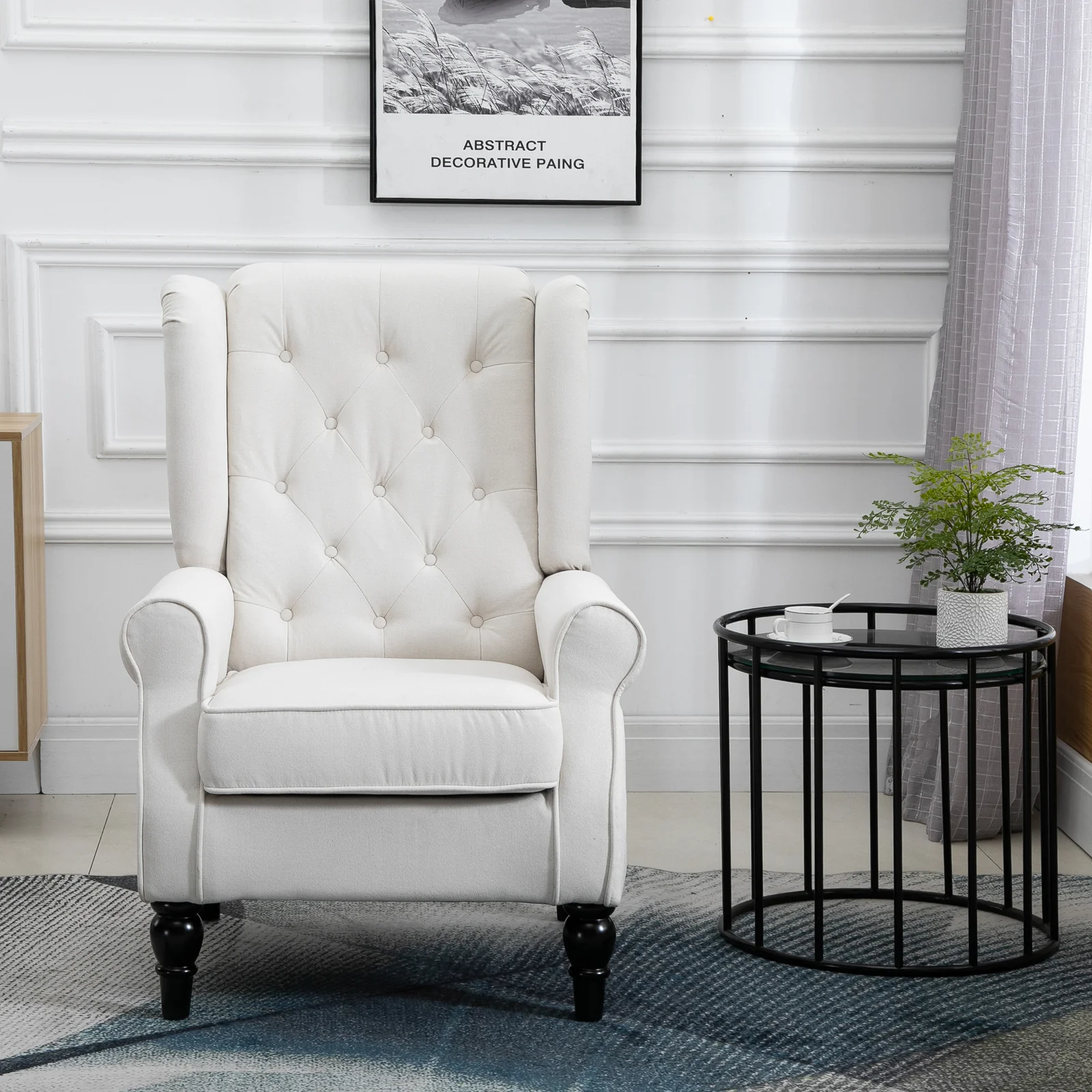 Mid-Century Accent Chair w/ High Wingback, Button-Tufted Fabric & Retro Wood Legs, Cream White - Image 13