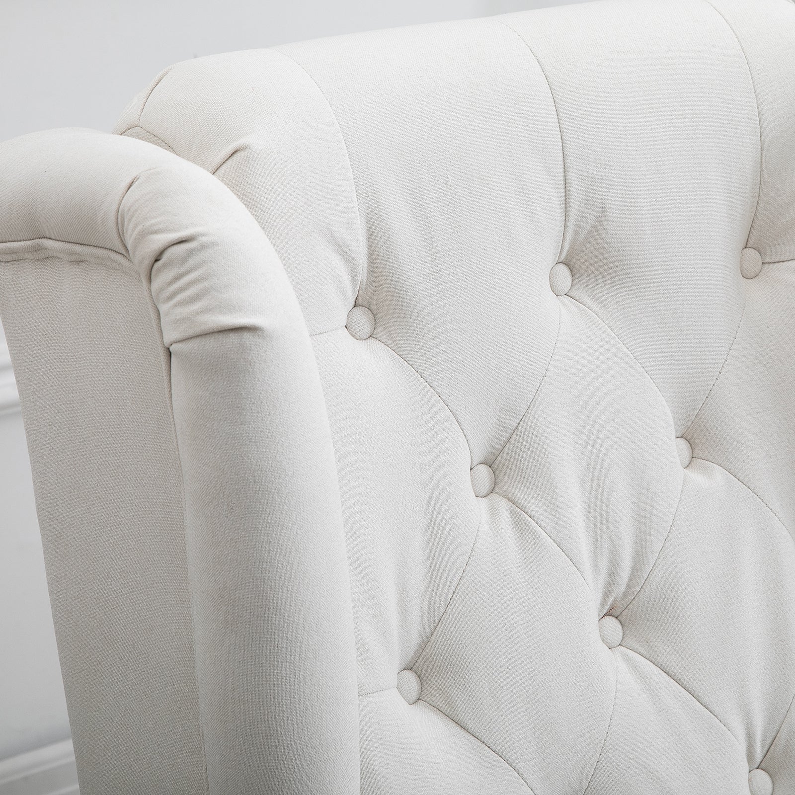 Mid-Century Accent Chair w/ High Wingback, Button-Tufted Fabric & Retro Wood Legs, Cream White - Image 14