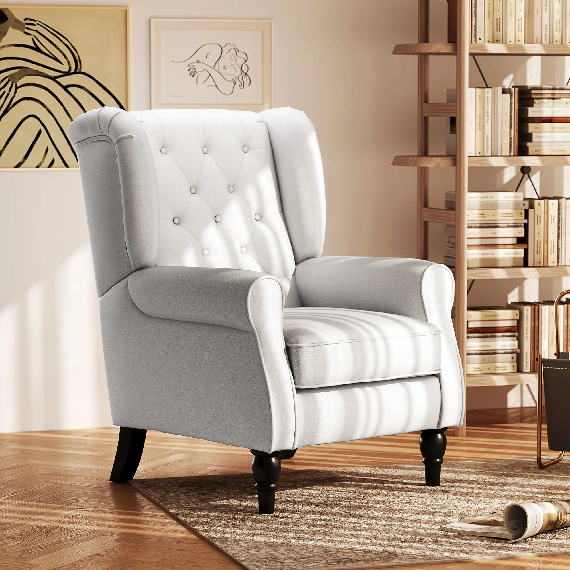 Mid-Century Accent Chair w/ High Wingback, Button-Tufted Fabric & Retro Wood Legs, Cream White - Image 3