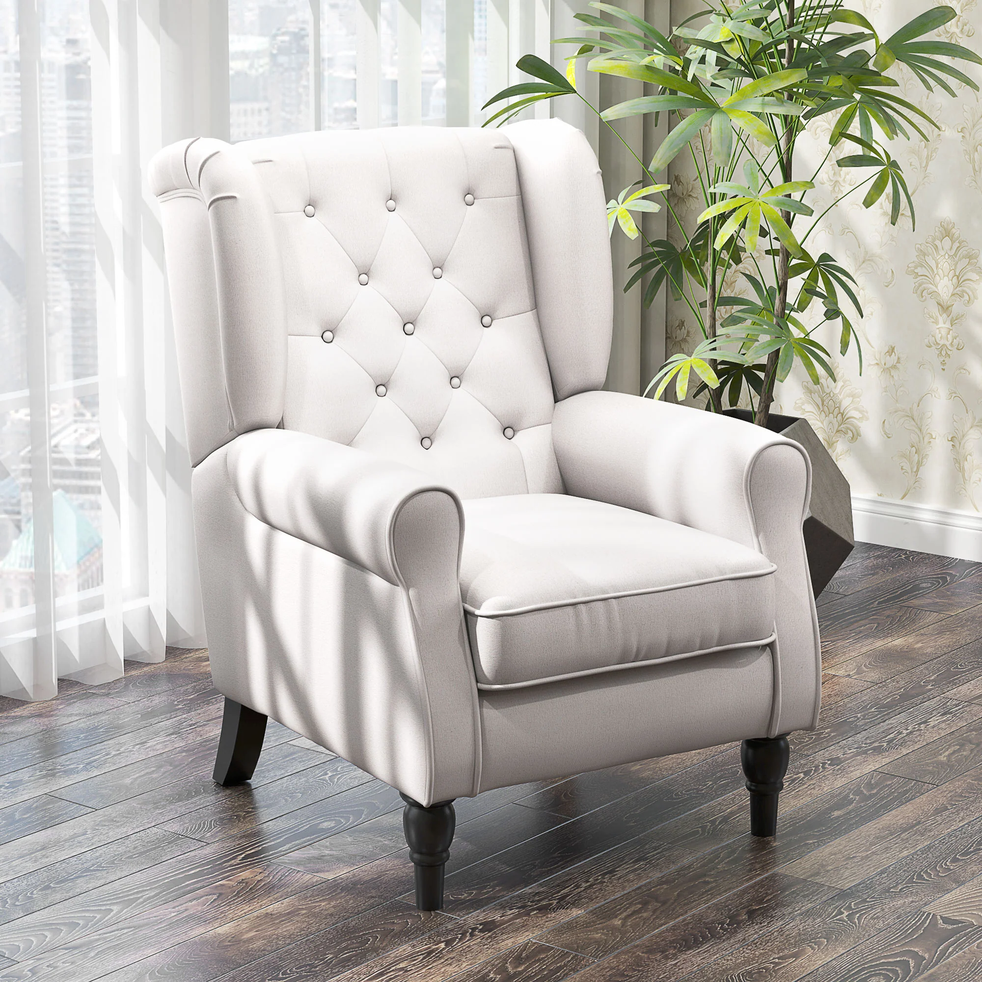 Mid-Century Accent Chair w/ High Wingback, Button-Tufted Fabric & Retro Wood Legs, Cream White - Image 4