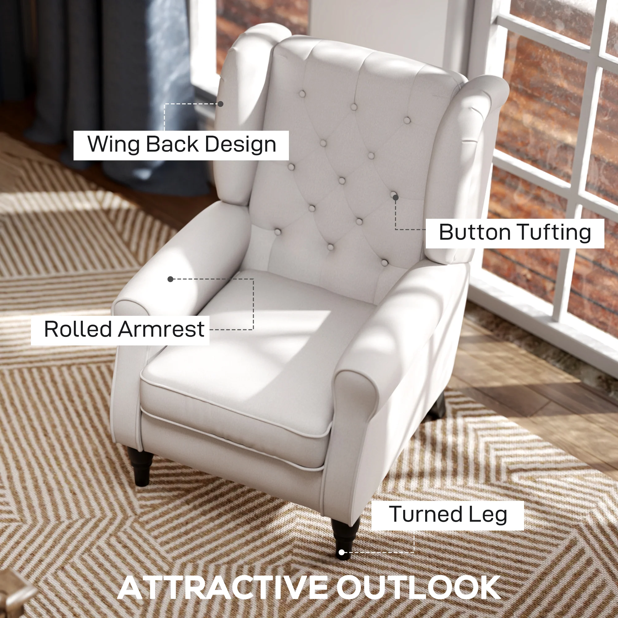 Mid-Century Accent Chair w/ High Wingback, Button-Tufted Fabric & Retro Wood Legs, Cream White - Image 6