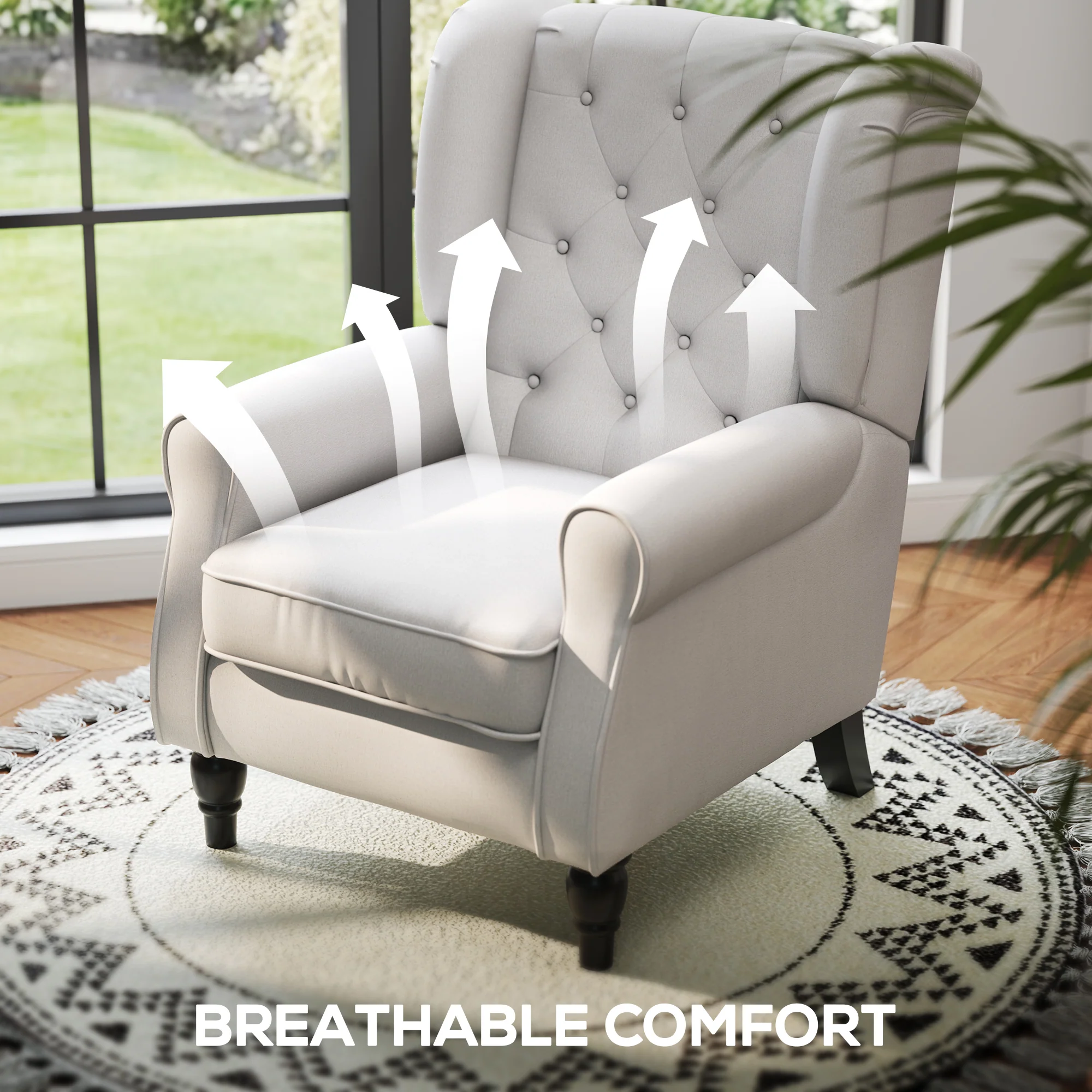Mid-Century Accent Chair w/ High Wingback, Button-Tufted Fabric & Retro Wood Legs, Cream White - Image 8