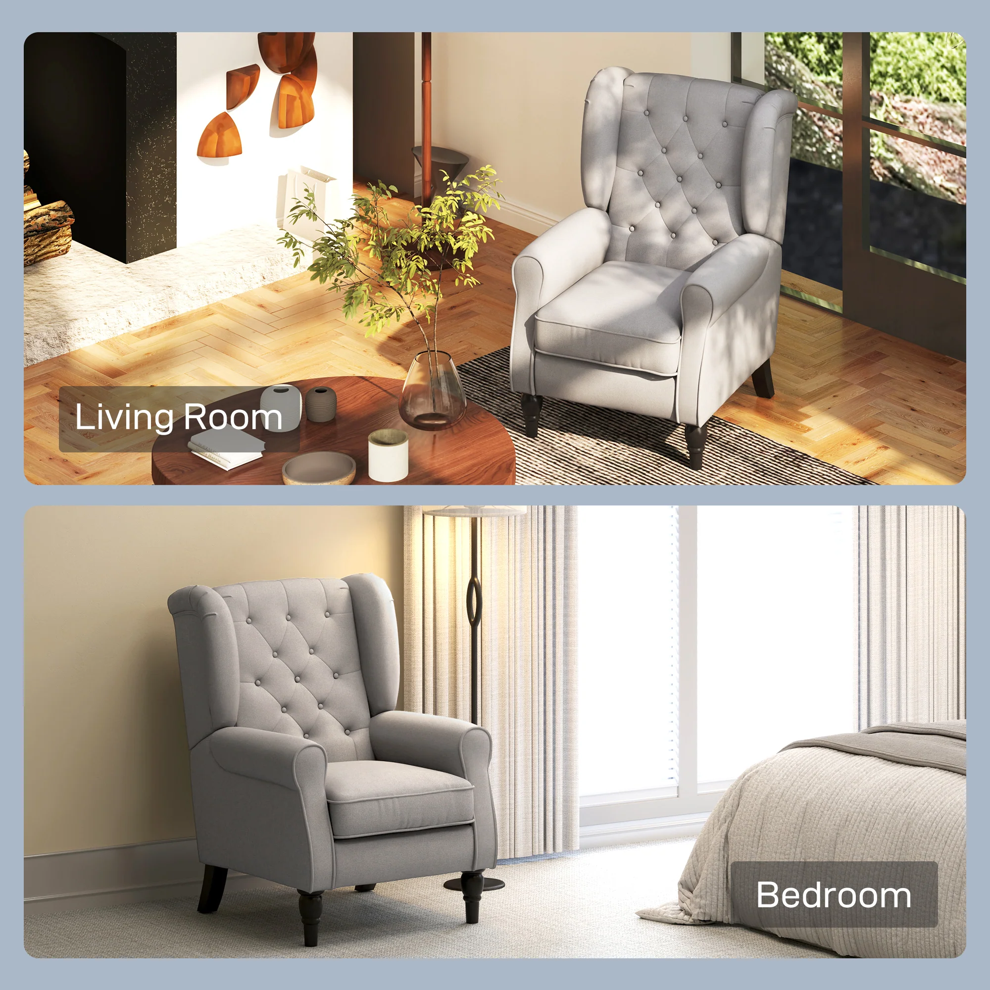 Mid-Century Accent Chair w/ High Wingback, Button-Tufted Fabric & Retro Wood Legs, Gray - Image 11