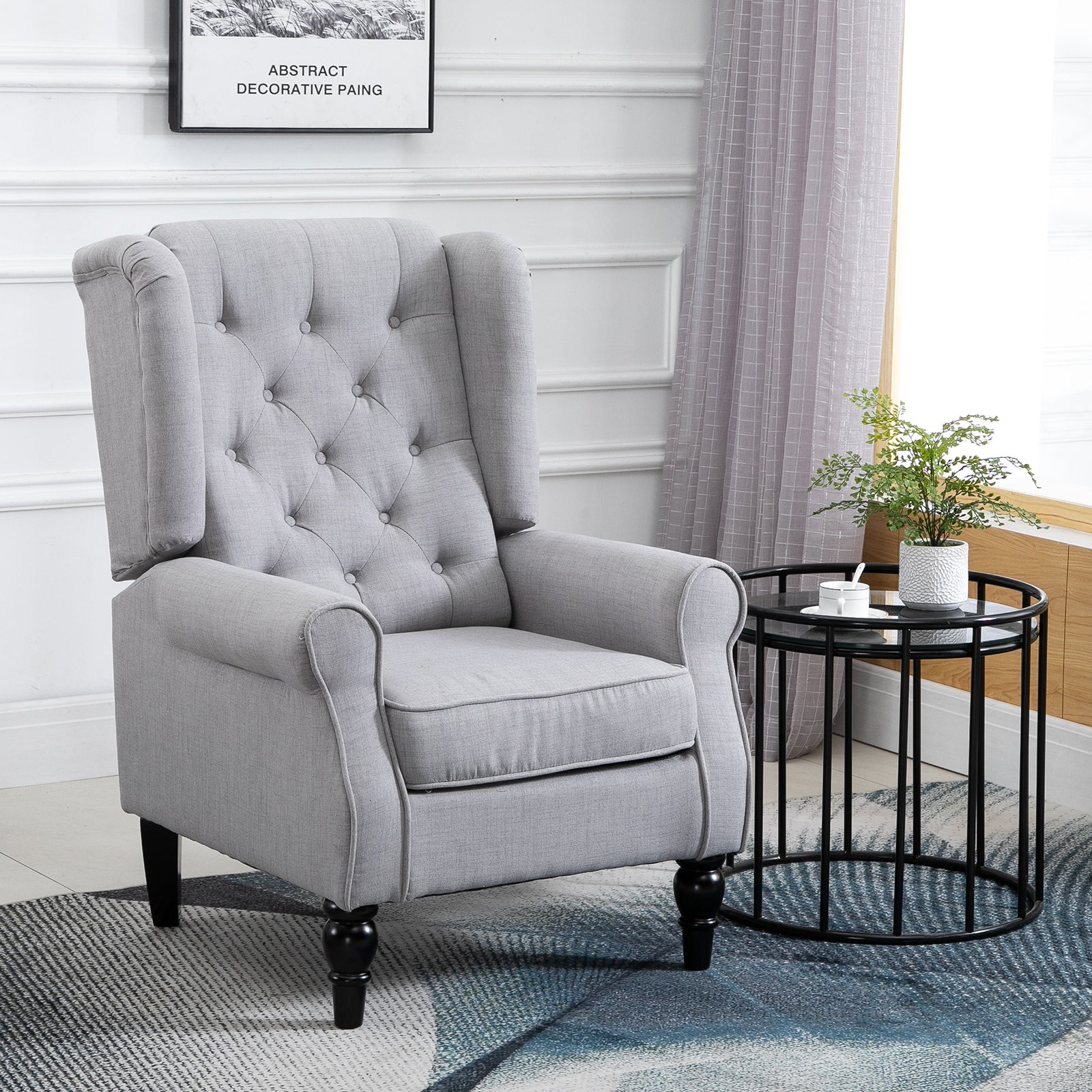 Mid-Century Accent Chair w/ High Wingback, Button-Tufted Fabric & Retro Wood Legs, Gray - Image 13