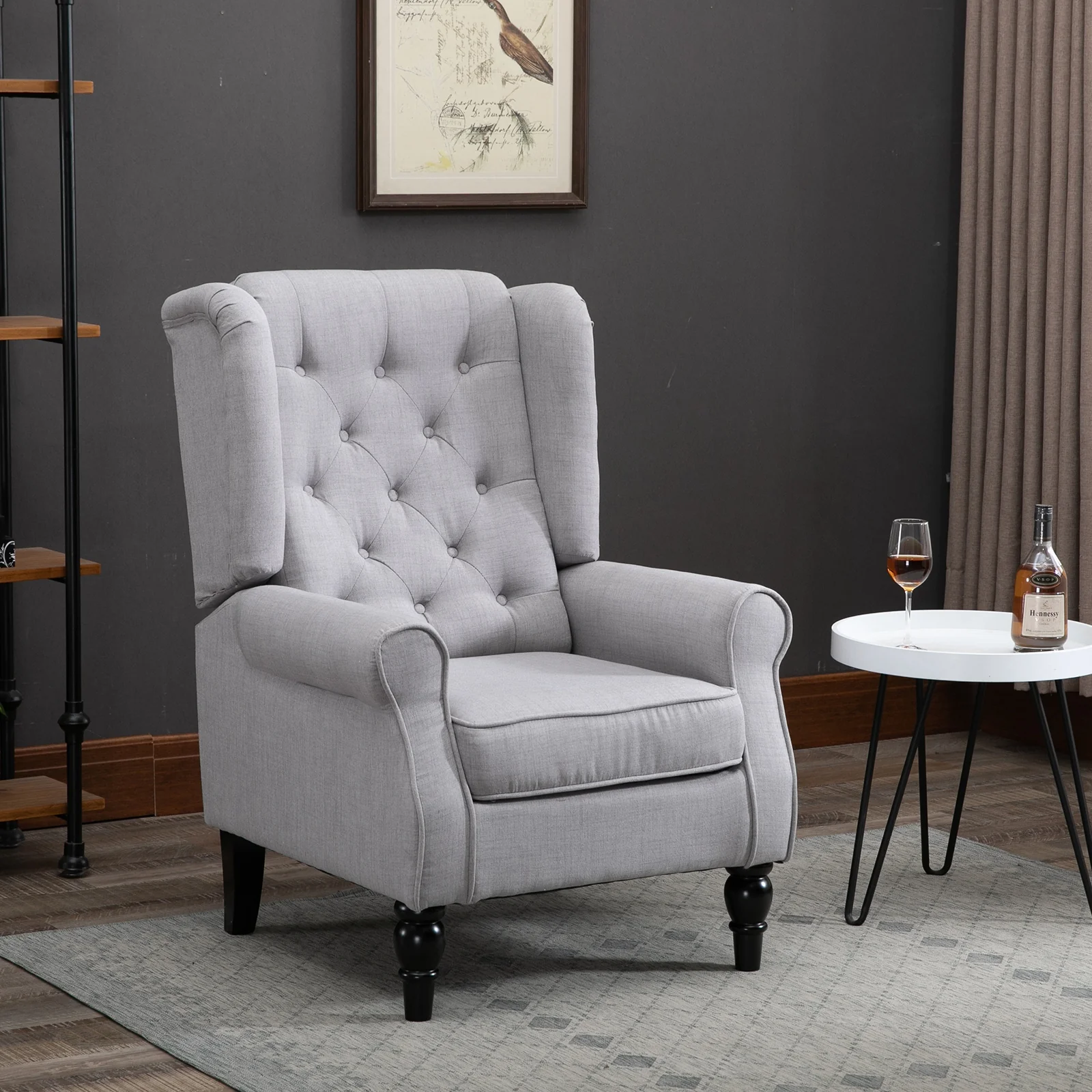 Mid-Century Accent Chair w/ High Wingback, Button-Tufted Fabric & Retro Wood Legs, Gray - Image 14