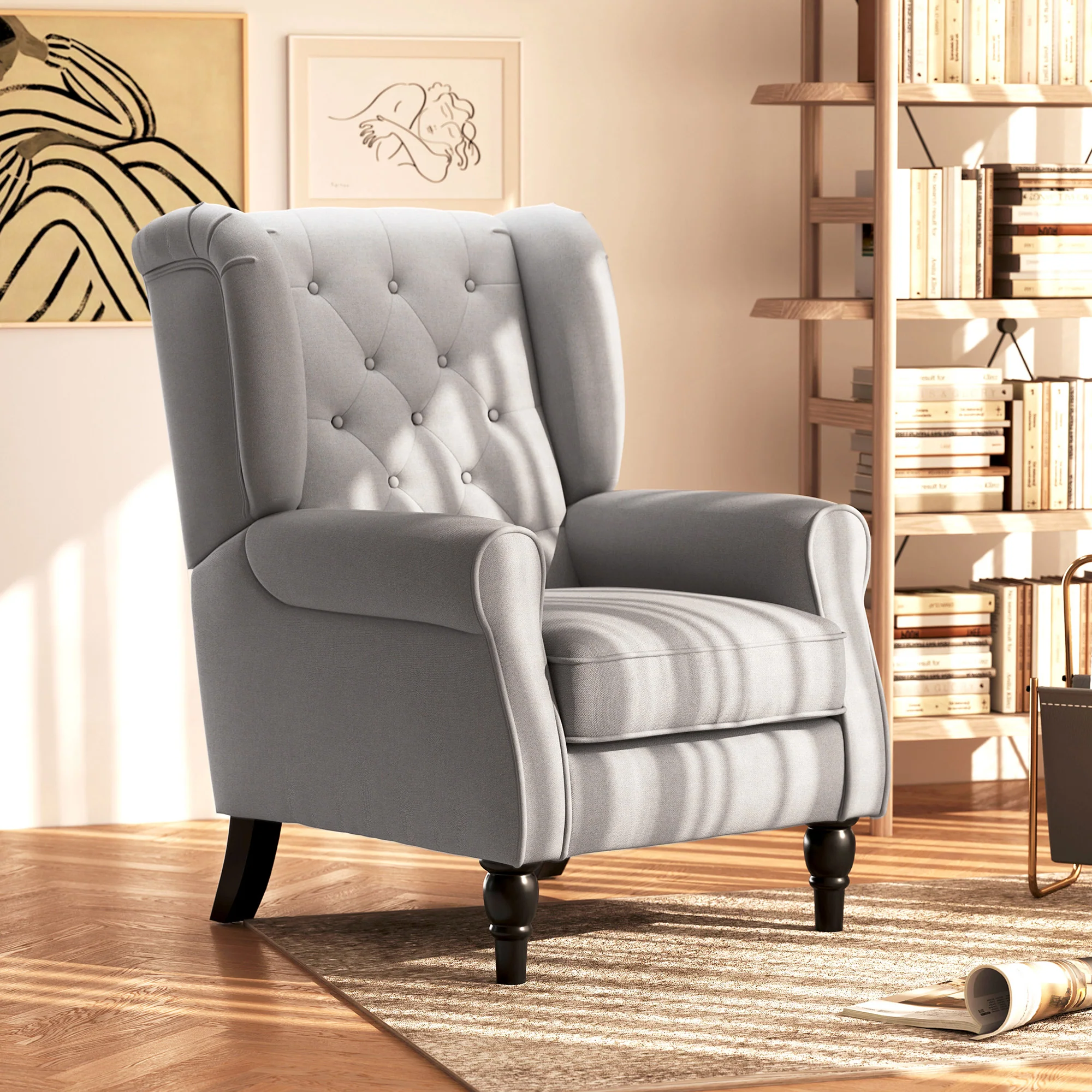 Mid-Century Accent Chair w/ High Wingback, Button-Tufted Fabric & Retro Wood Legs, Gray - Image 3