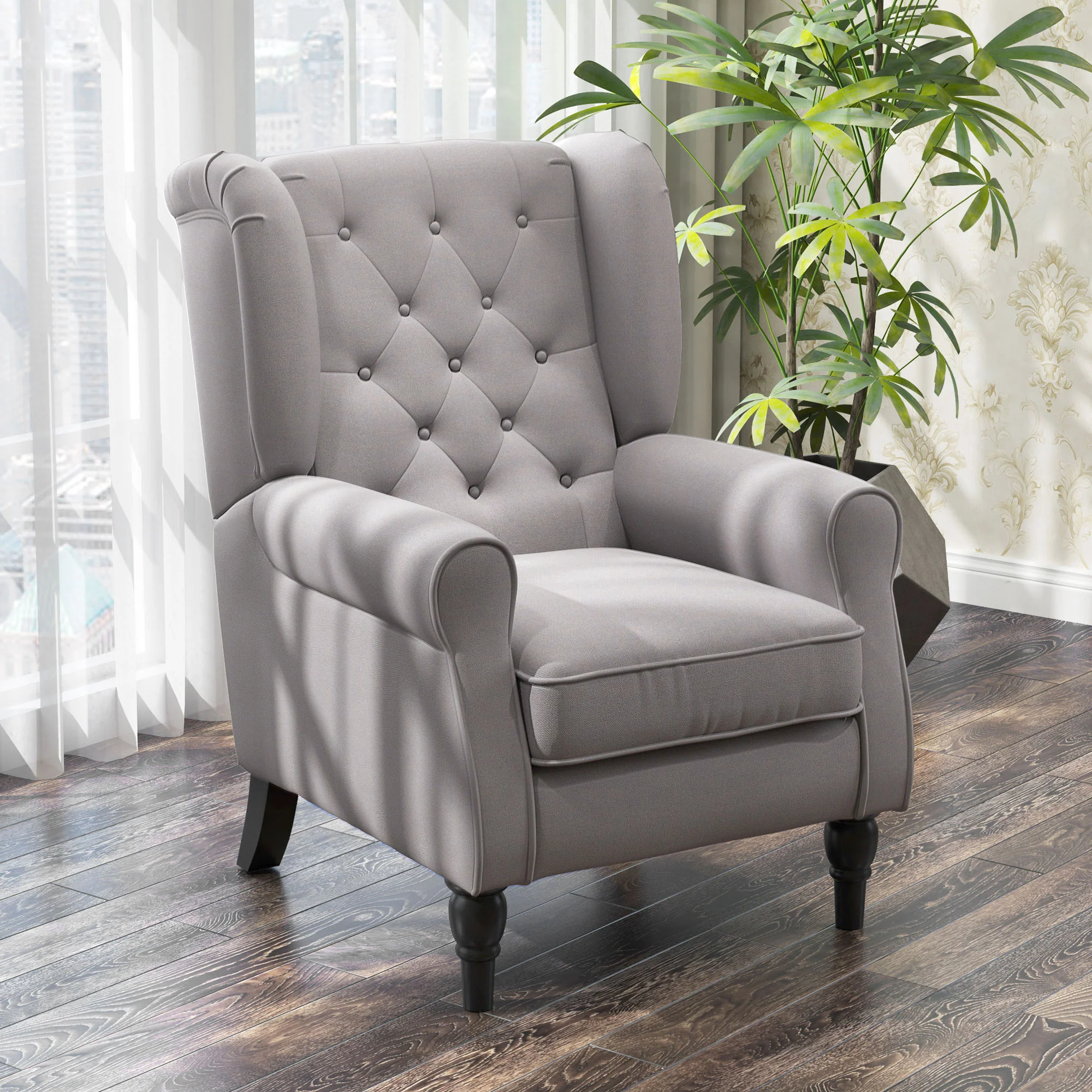Mid-Century Accent Chair w/ High Wingback, Button-Tufted Fabric & Retro Wood Legs, Gray - Image 4