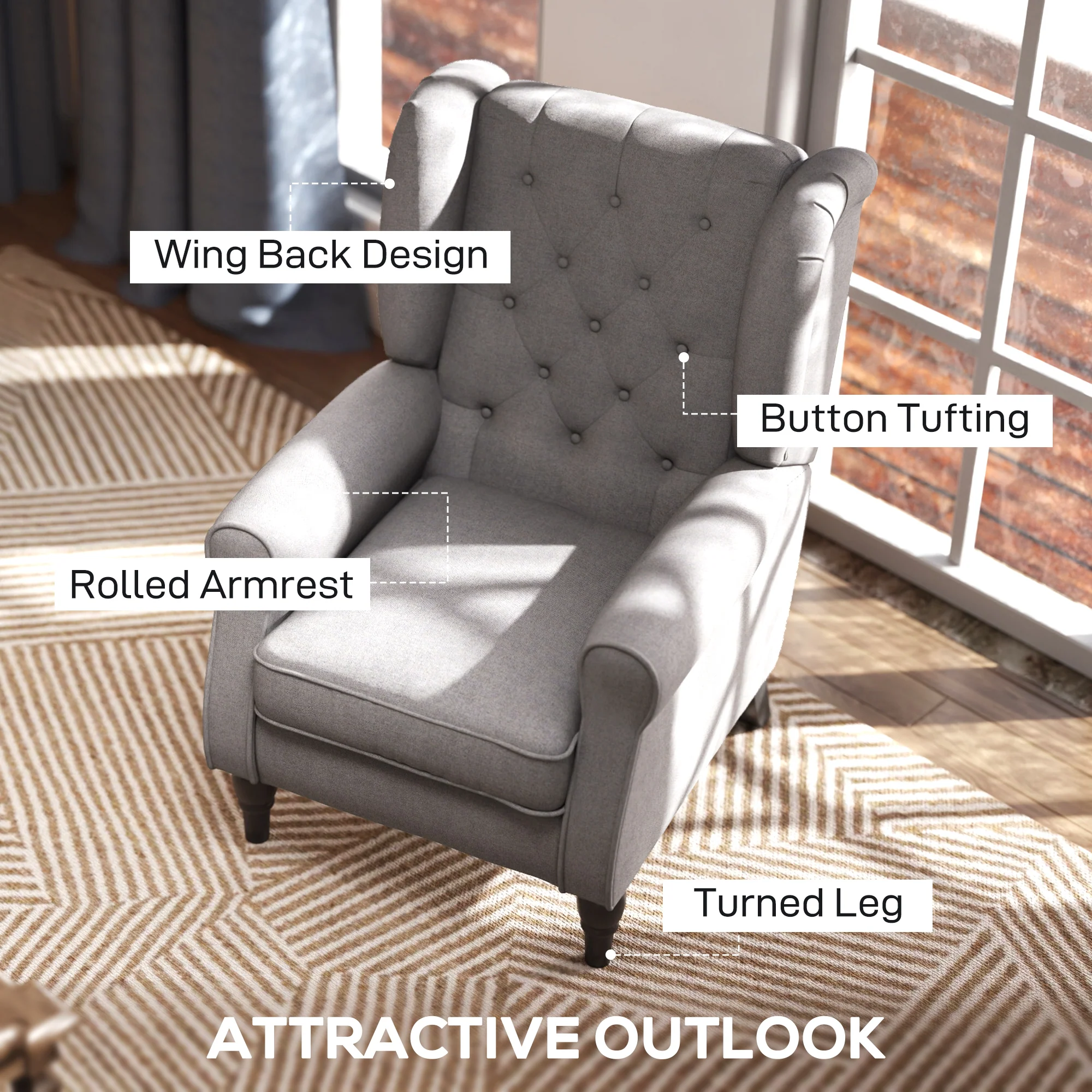 Mid-Century Accent Chair w/ High Wingback, Button-Tufted Fabric & Retro Wood Legs, Gray - Image 7