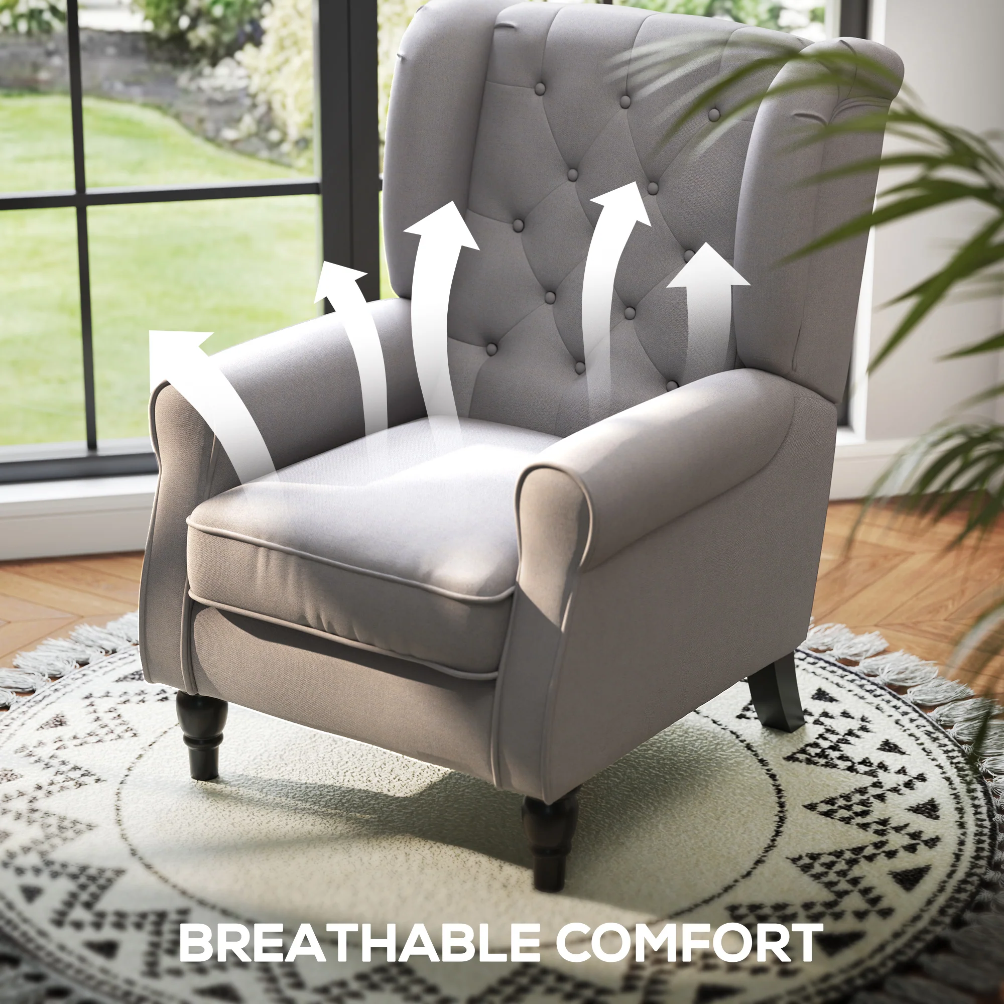 Mid-Century Accent Chair w/ High Wingback, Button-Tufted Fabric & Retro Wood Legs, Gray - Image 9