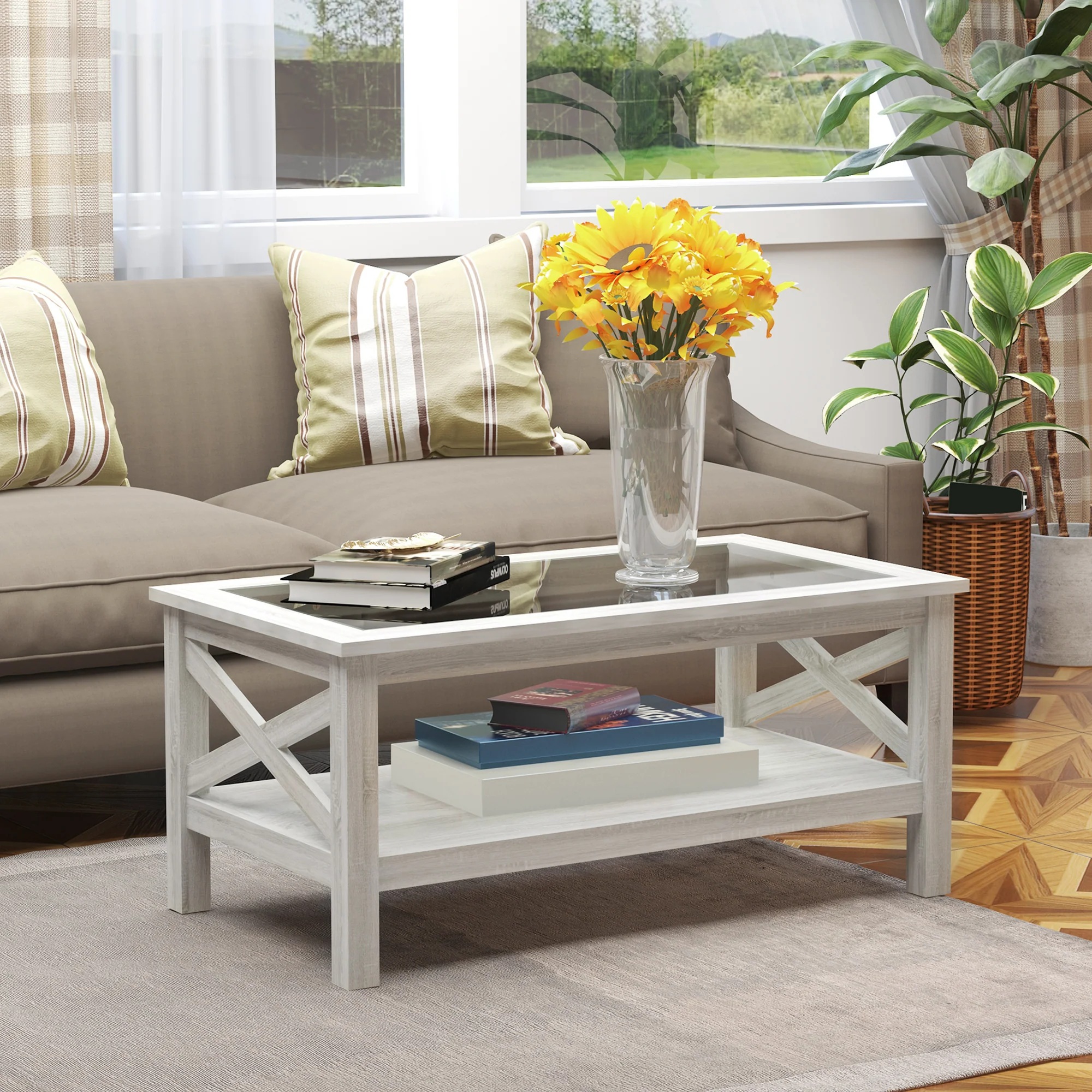 39.25'' L Coffee Table with Tempered Glass Tabletop & Underneath Storage Shelf, White Oak - Image 3