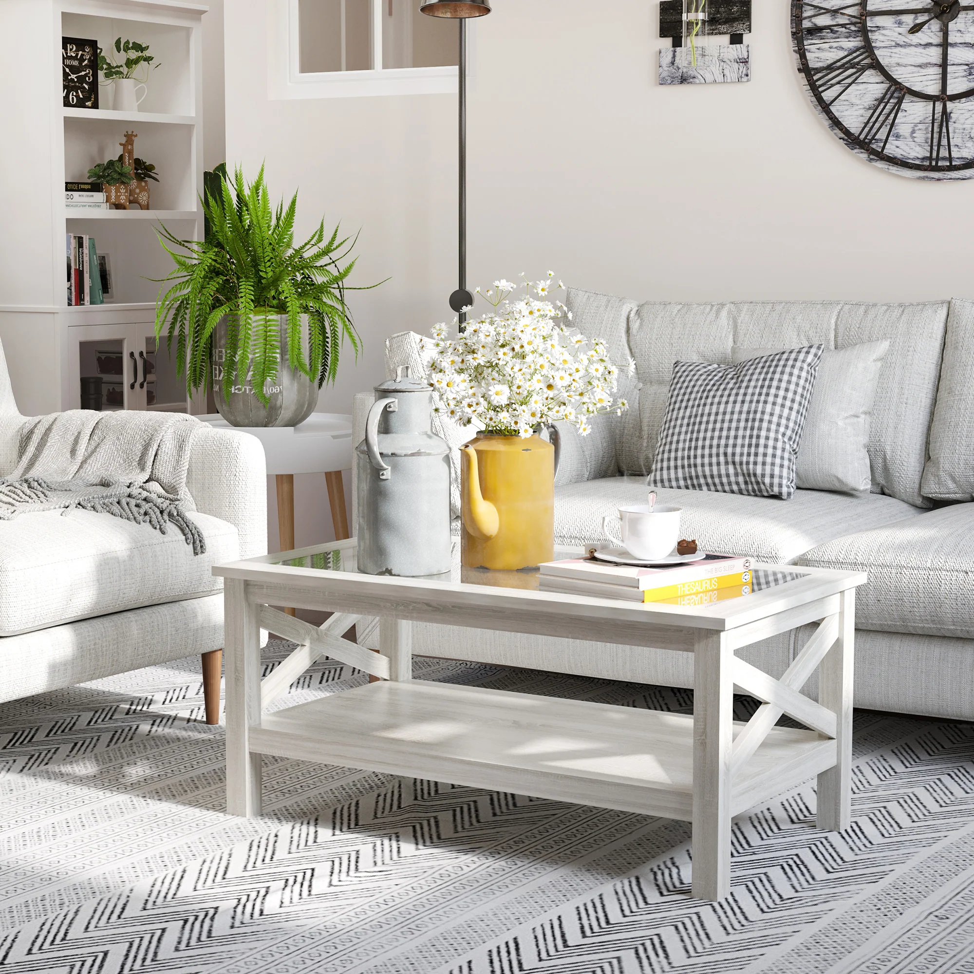 39.25'' L Coffee Table with Tempered Glass Tabletop & Underneath Storage Shelf, White Oak - Image 4
