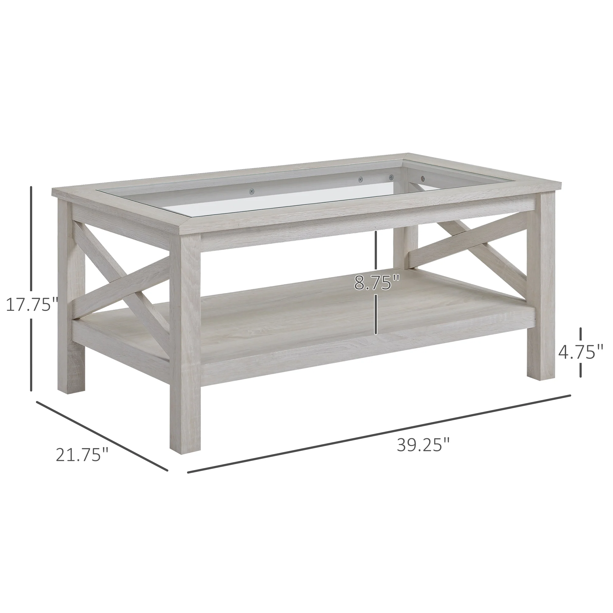 39.25'' L Coffee Table with Tempered Glass Tabletop & Underneath Storage Shelf, White Oak - Image 5