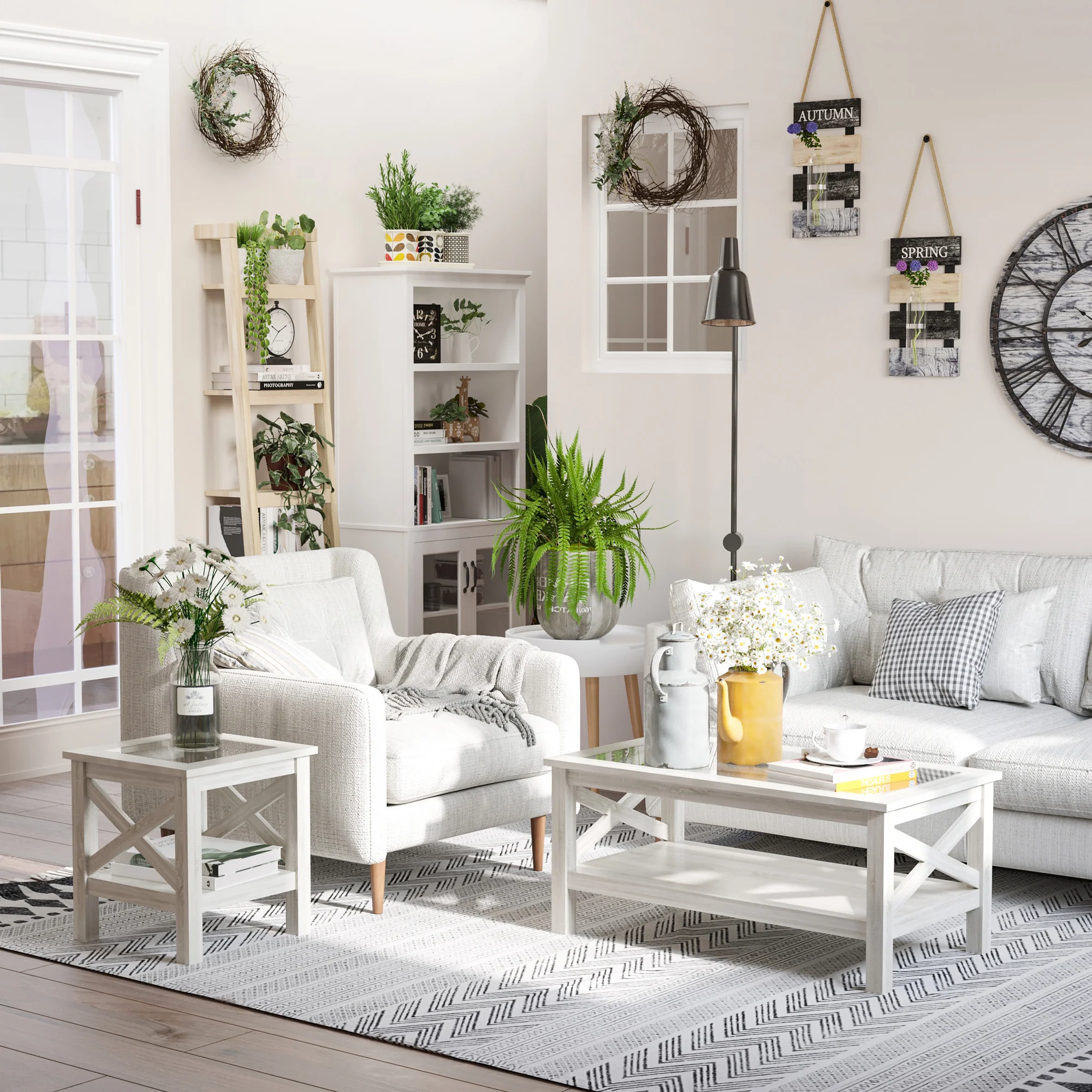 39.25'' L Coffee Table with Tempered Glass Tabletop & Underneath Storage Shelf, White Oak - Image 6