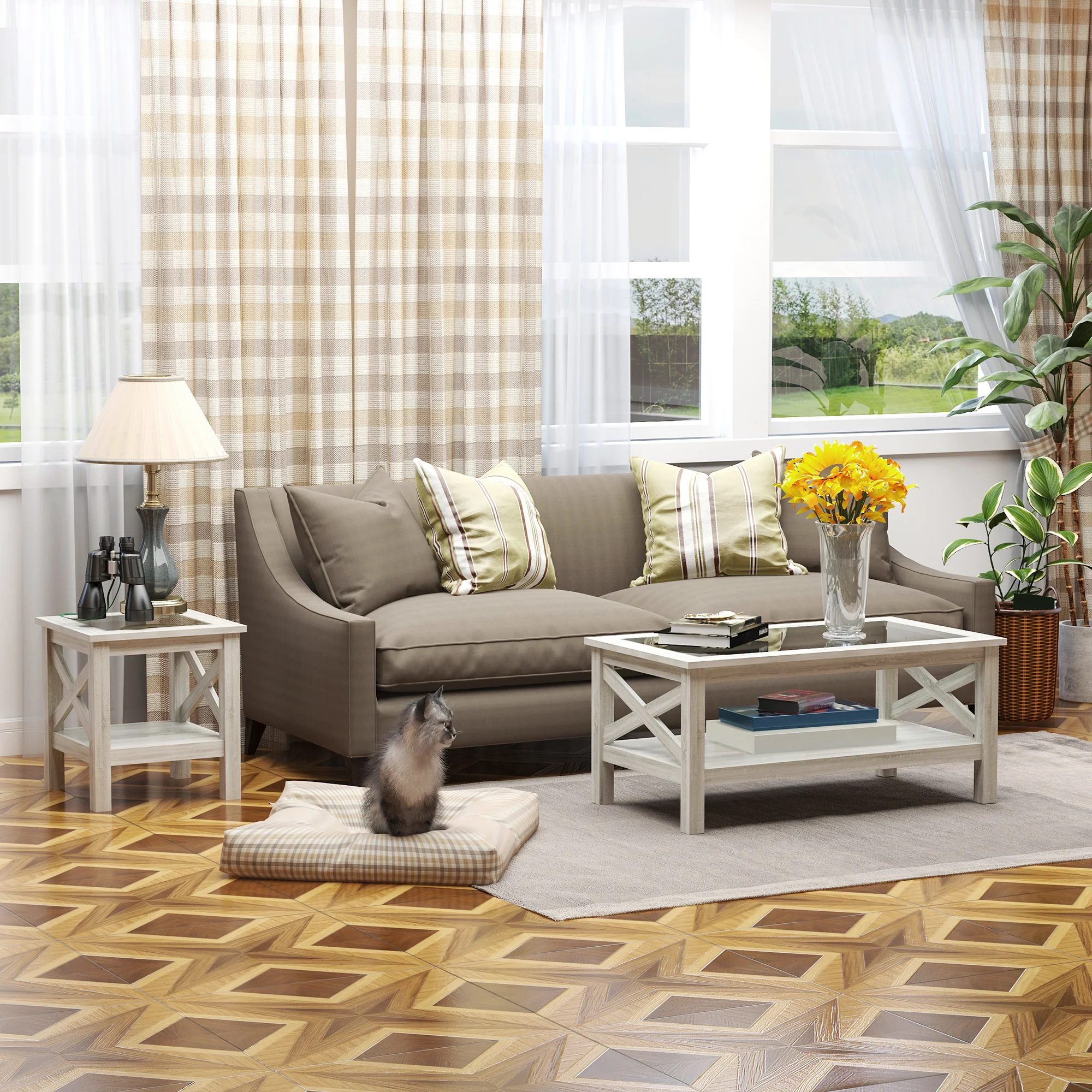 39.25'' L Coffee Table with Tempered Glass Tabletop & Underneath Storage Shelf, White Oak - Image 7