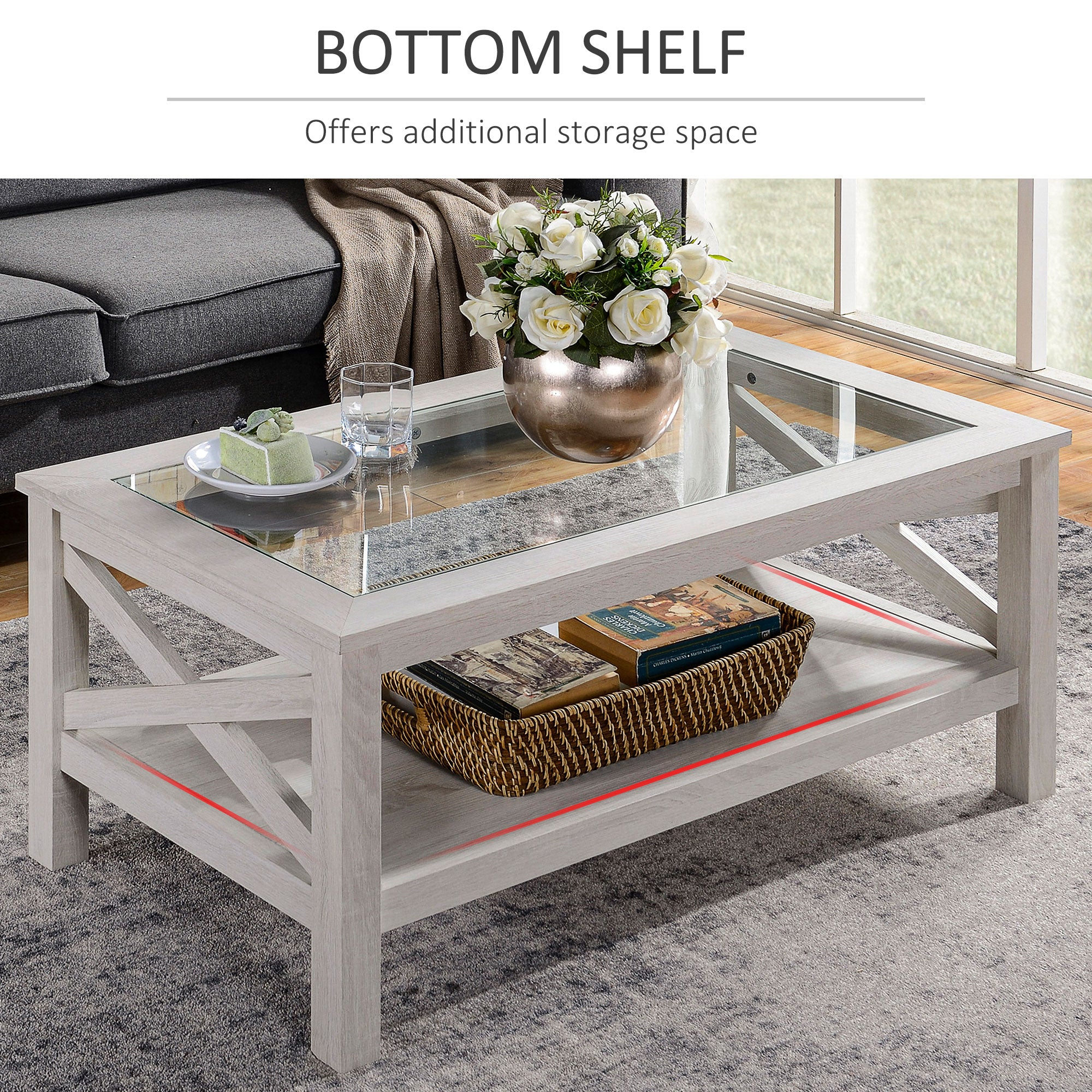 39.25'' L Coffee Table with Tempered Glass Tabletop & Underneath Storage Shelf, White Oak - Image 8